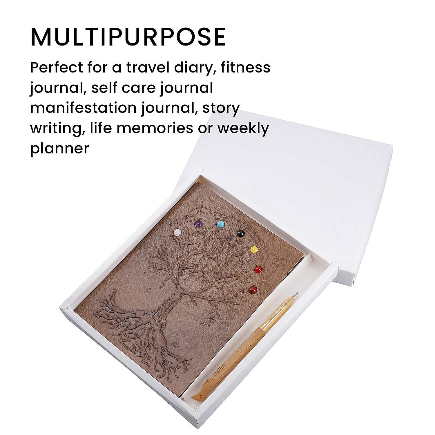 Tree of Life Embossed Seven Chakra Gemstone Leather Diary and Carved Wooden Pen (Size 20x15 Cm) - Brown