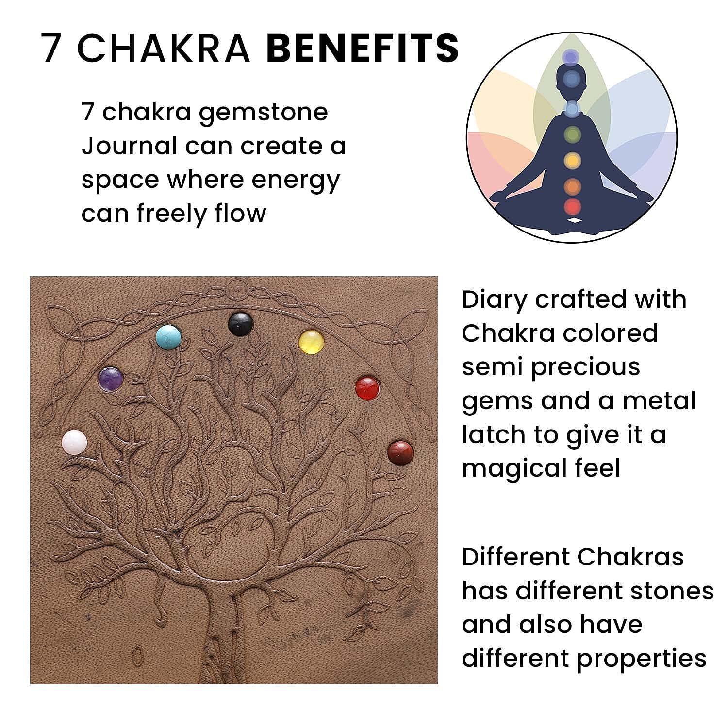 Tree of Life Embossed Seven Chakra Gemstone Leather Diary and Carved Wooden Pen (Size 20x15 Cm) - Brown