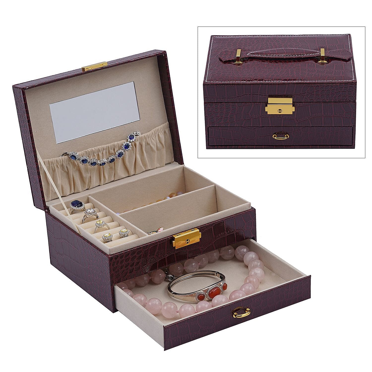 2 Layer Croc Embossed Jewellery Box with Lock and Key - Burgundy
