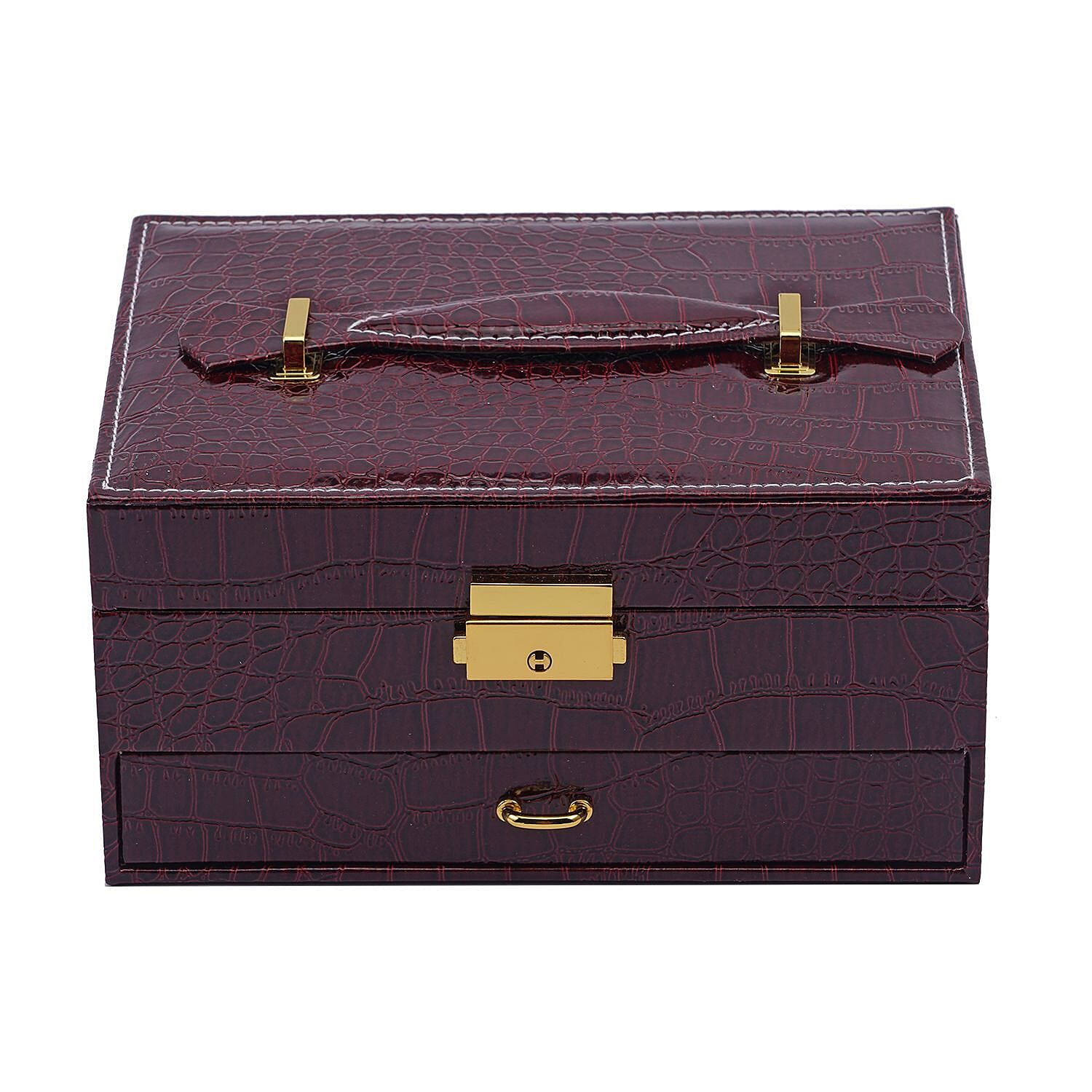 2 Layer Croc Embossed Jewellery Box with Lock and Key - Burgundy
