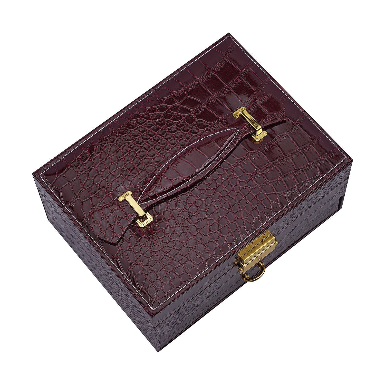 2 Layer Croc Embossed Jewellery Box with Lock and Key - Burgundy