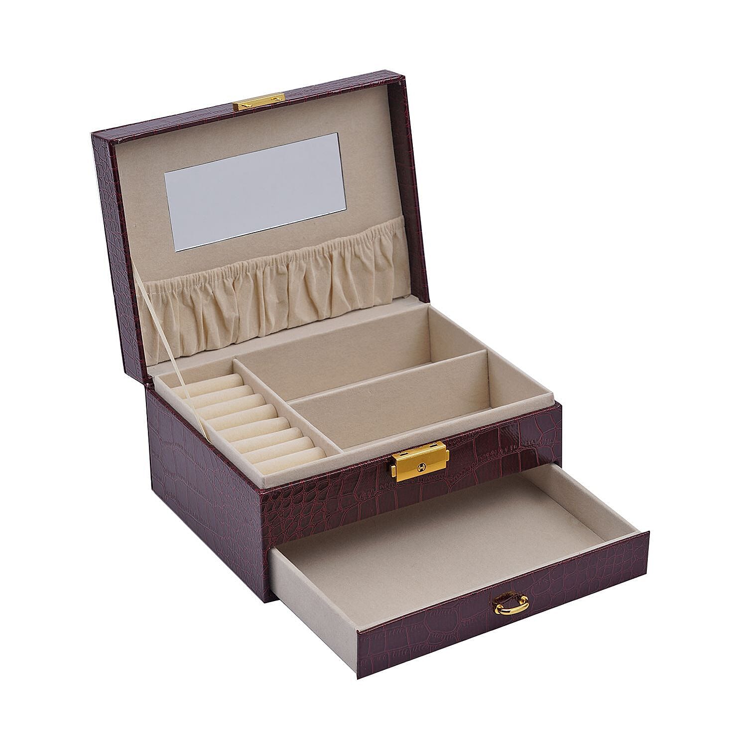 2 Layer Croc Embossed Jewellery Box with Lock and Key - Burgundy