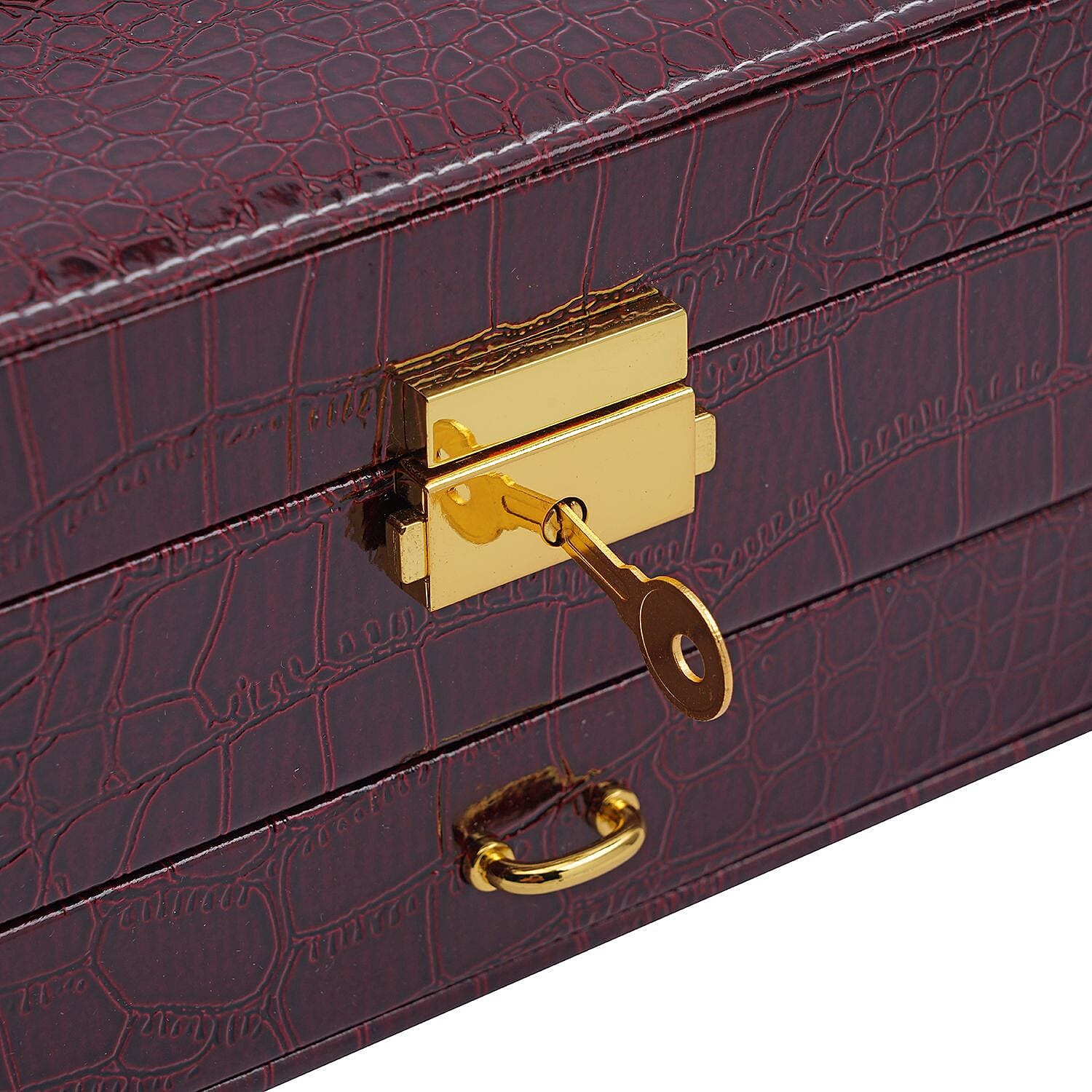 2 Layer Croc Embossed Jewellery Box with Lock and Key - Burgundy