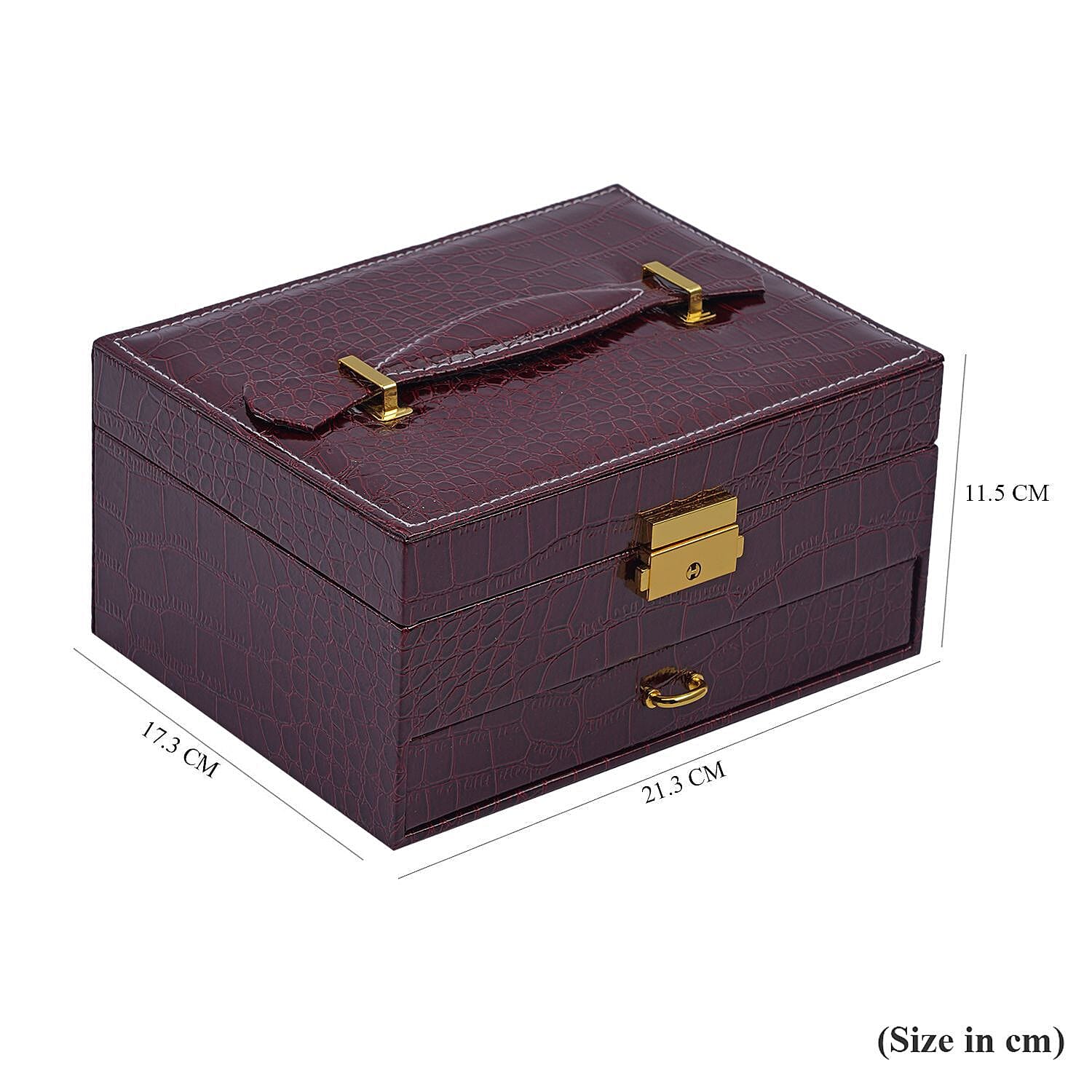 2 Layer Croc Embossed Jewellery Box with Lock and Key - Burgundy