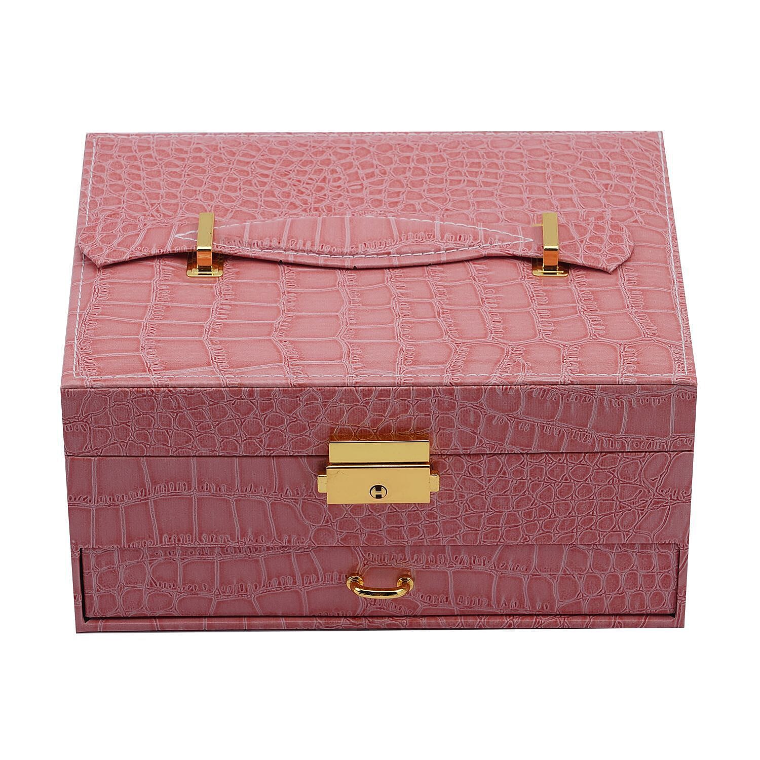 Double Layer Croc Embossed Jewellery Box with Lock (Size 20x15x10 Cm) - Pink