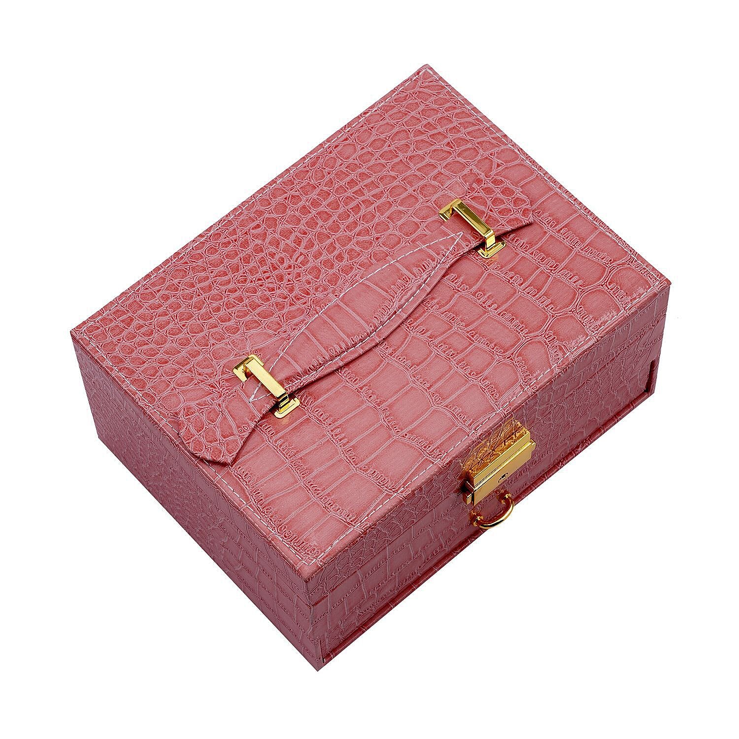 Double Layer Croc Embossed Jewellery Box with Lock (Size 20x15x10 Cm) - Pink