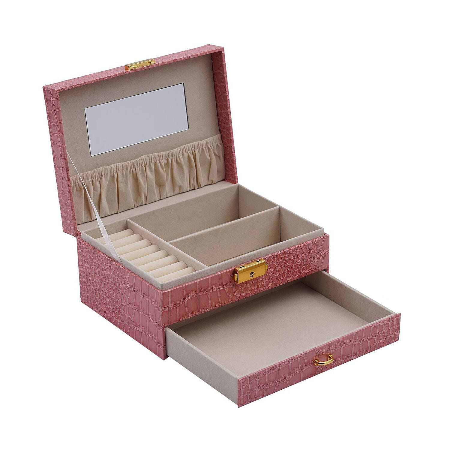 Double Layer Croc Embossed Jewellery Box with Lock (Size 20x15x10 Cm) - Pink