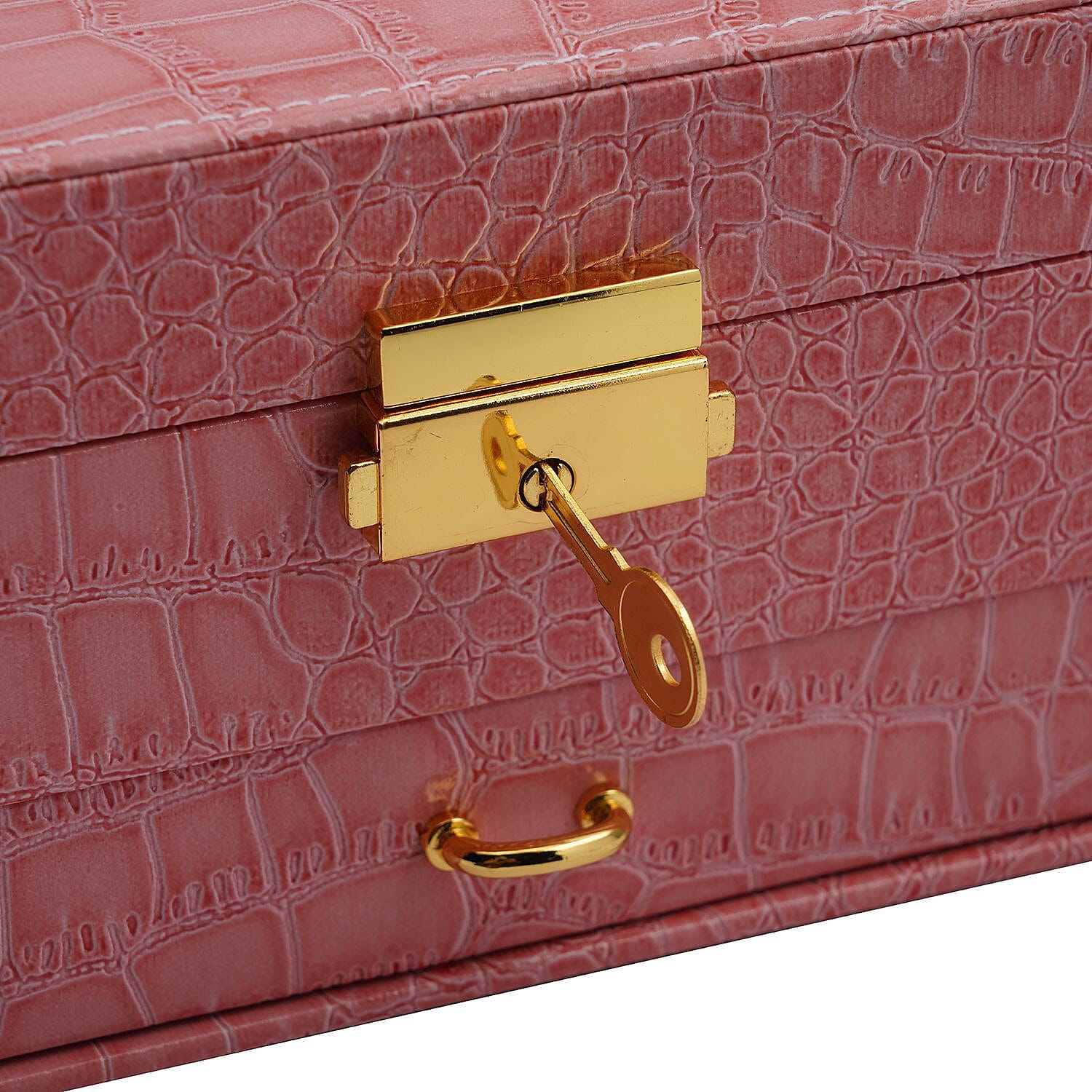 Double Layer Croc Embossed Jewellery Box with Lock (Size 20x15x10 Cm) - Pink