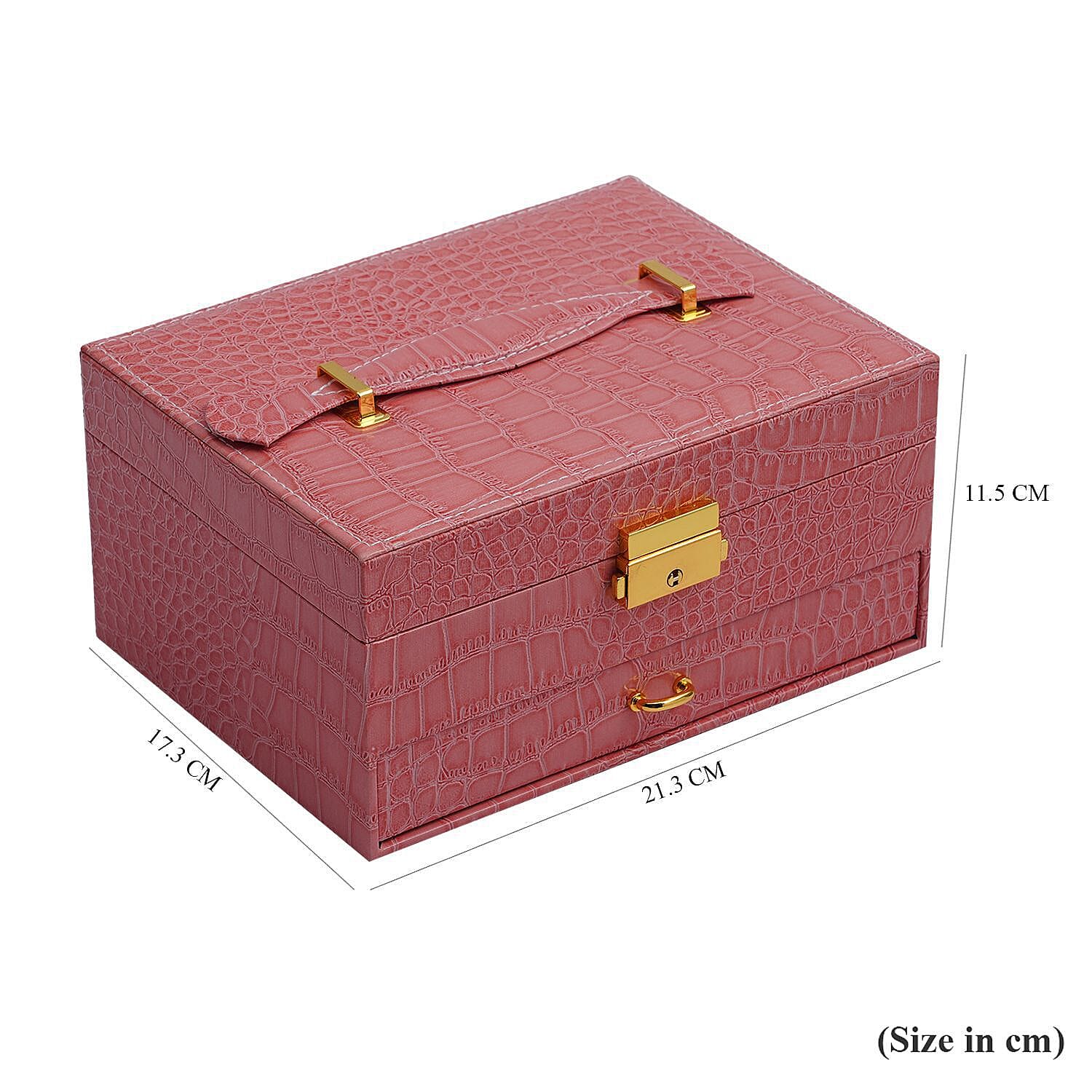 Double Layer Croc Embossed Jewellery Box with Lock (Size 20x15x10 Cm) - Pink