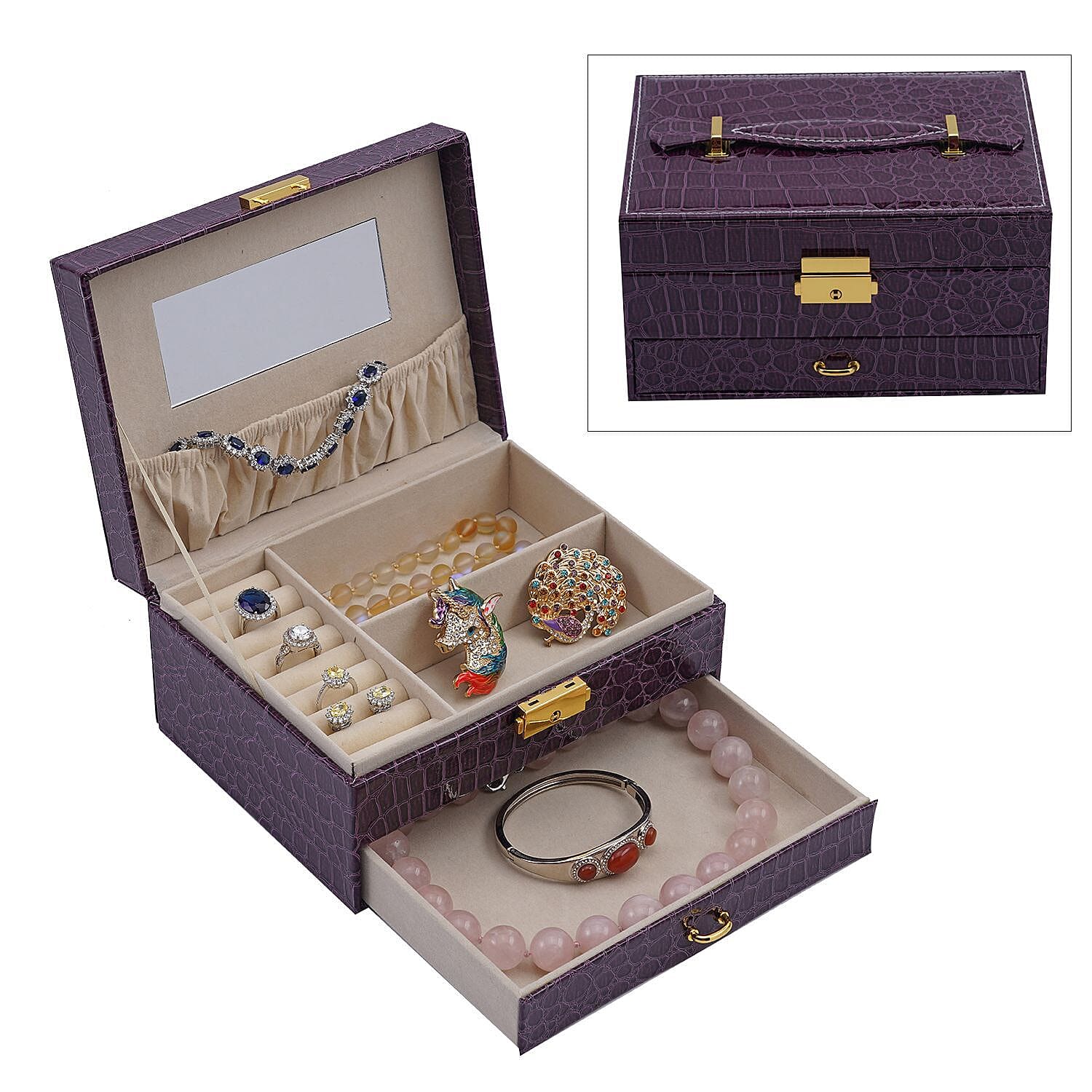Double Layer Croc Embossed Jewellery Box with Lock (Size 20x15x10 Cm) - Purple