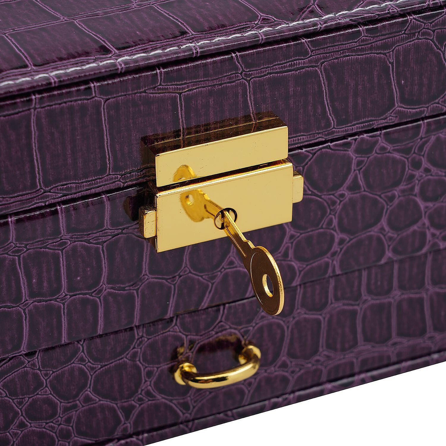Double Layer Croc Embossed Jewellery Box with Lock (Size 20x15x10 Cm) - Purple