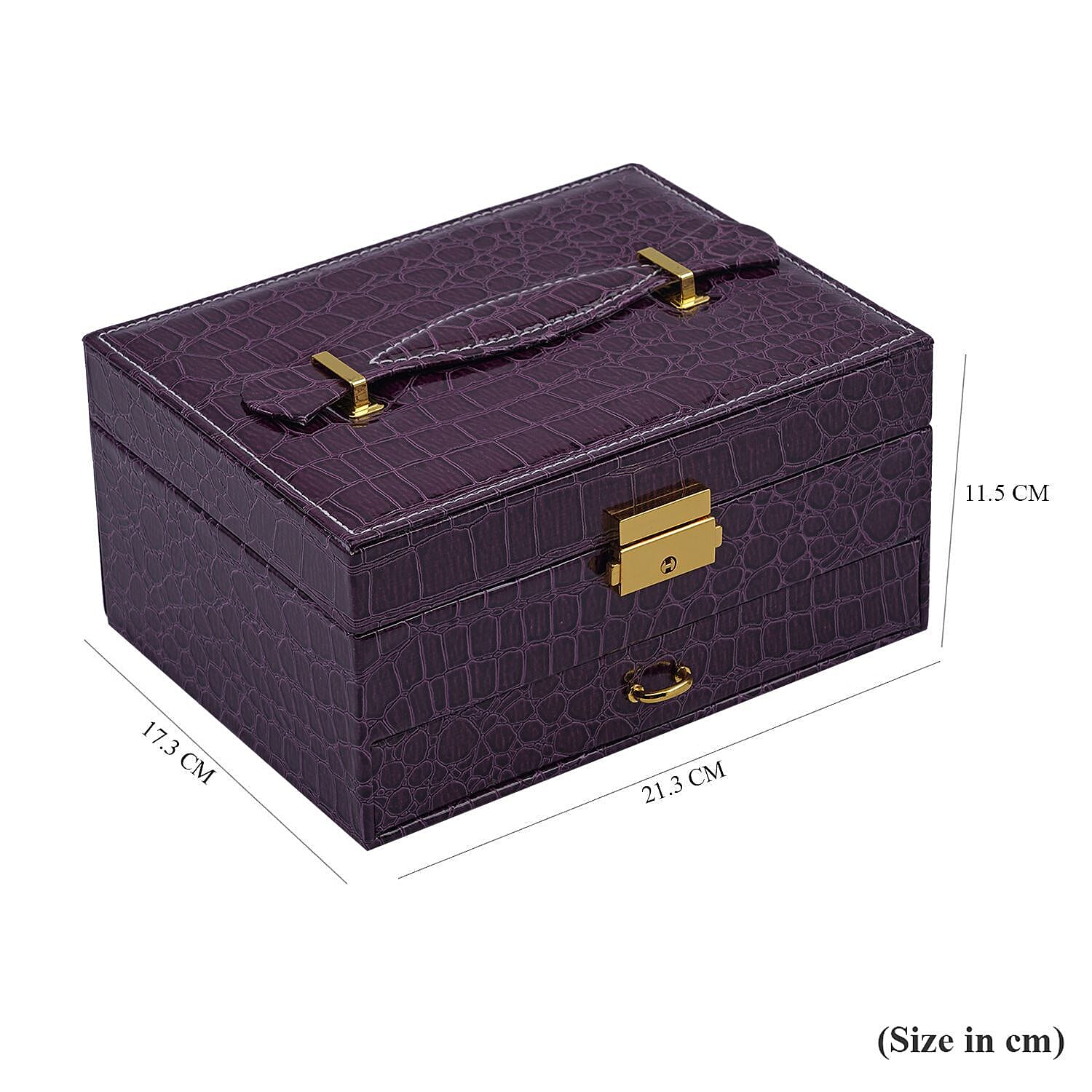 Double Layer Croc Embossed Jewellery Box with Lock (Size 20x15x10 Cm) - Purple