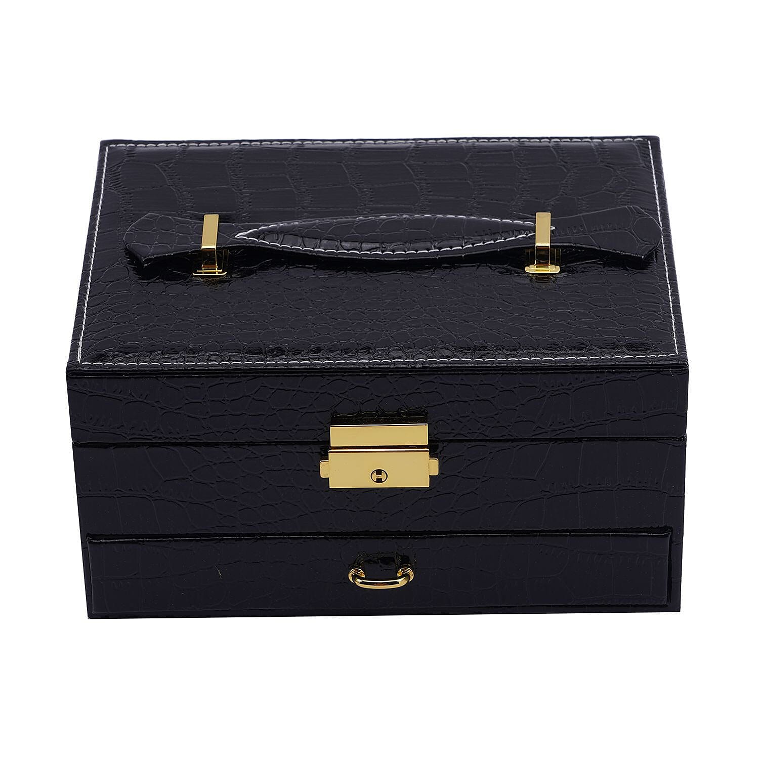 Double Layer Croc Embossed Jewellery Box with Lock (Size 20x15x10 Cm) - Black