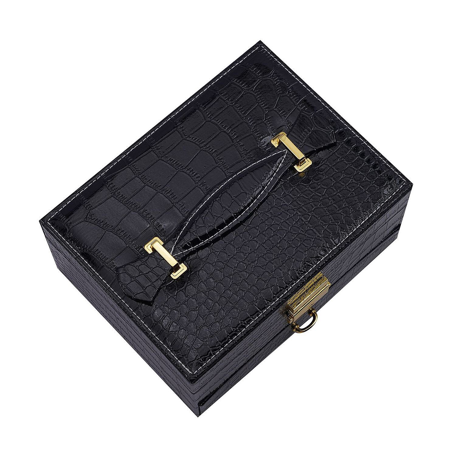 Double Layer Croc Embossed Jewellery Box with Lock (Size 20x15x10 Cm) - Black