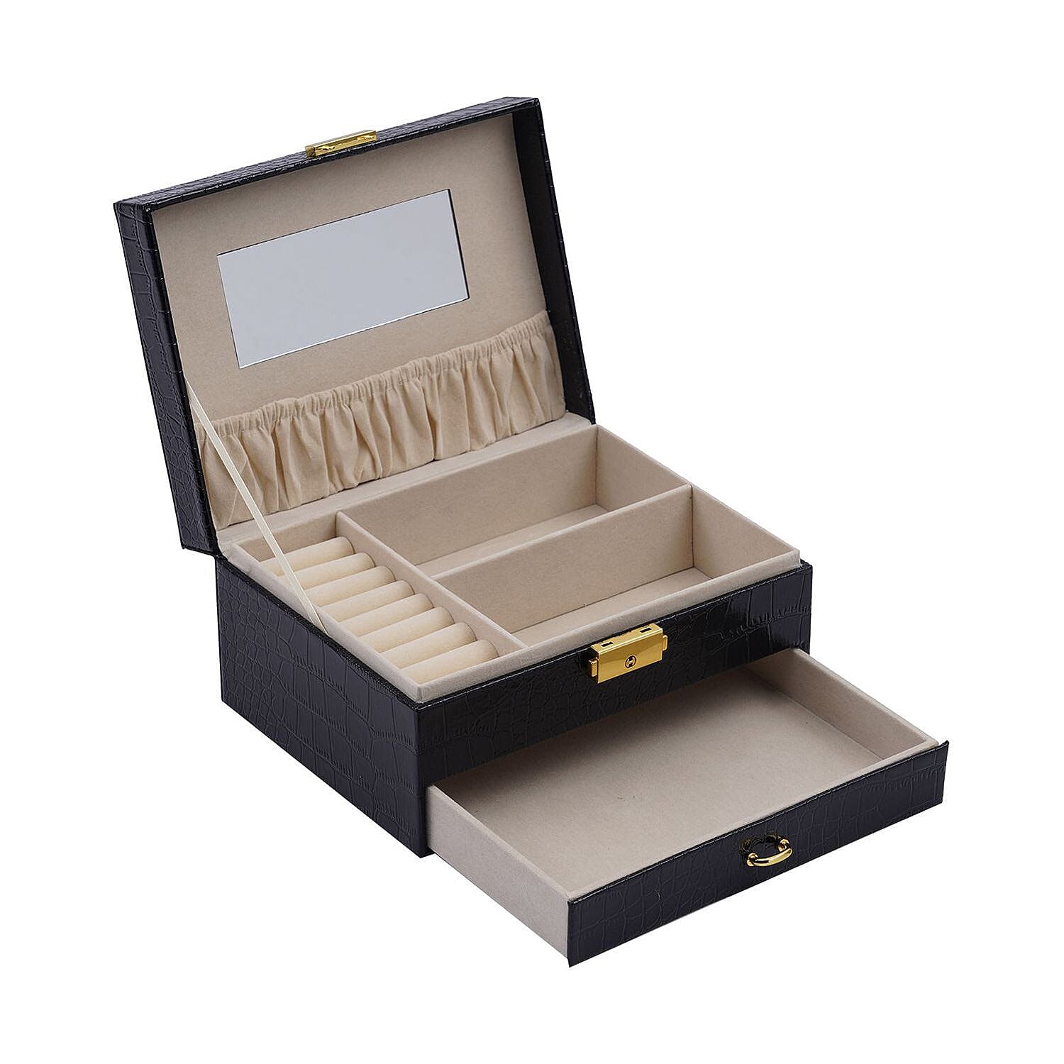 Double Layer Croc Embossed Jewellery Box with Lock (Size 20x15x10 Cm) - Black
