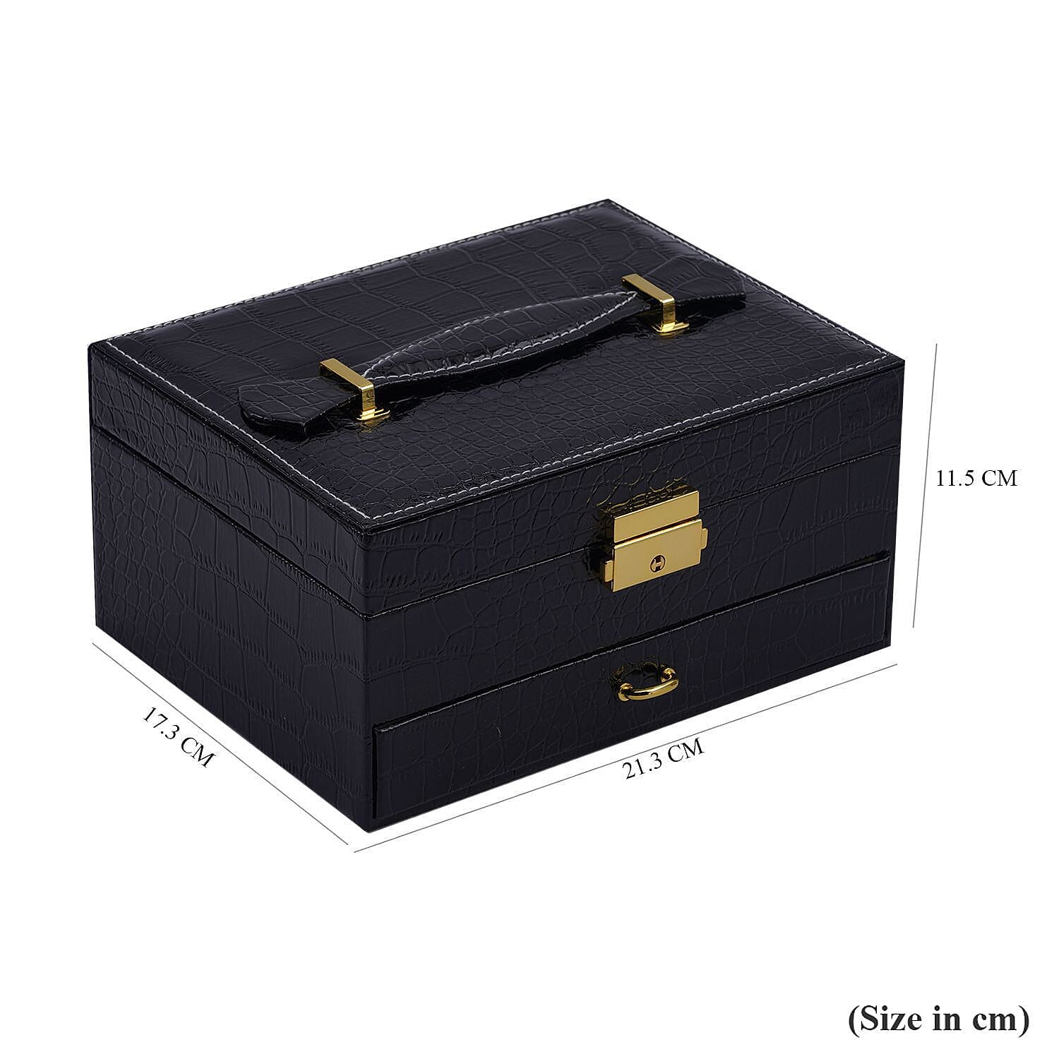 Double Layer Croc Embossed Jewellery Box with Lock (Size 20x15x10 Cm) - Black