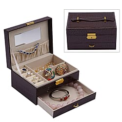 2 Layer Croc Embossed Jewellery Box with Lock and Key - Coffee