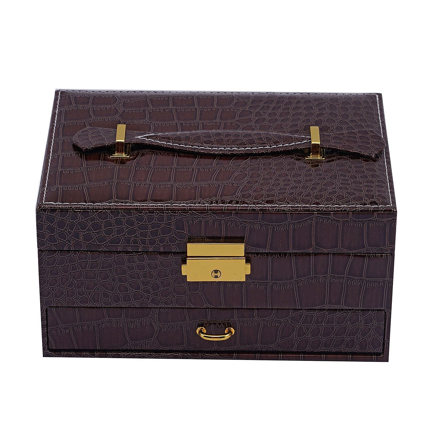 Double Layer Croc Embossed Jewellery Box with Lock (Size 20x15x10 Cm) - Coffee