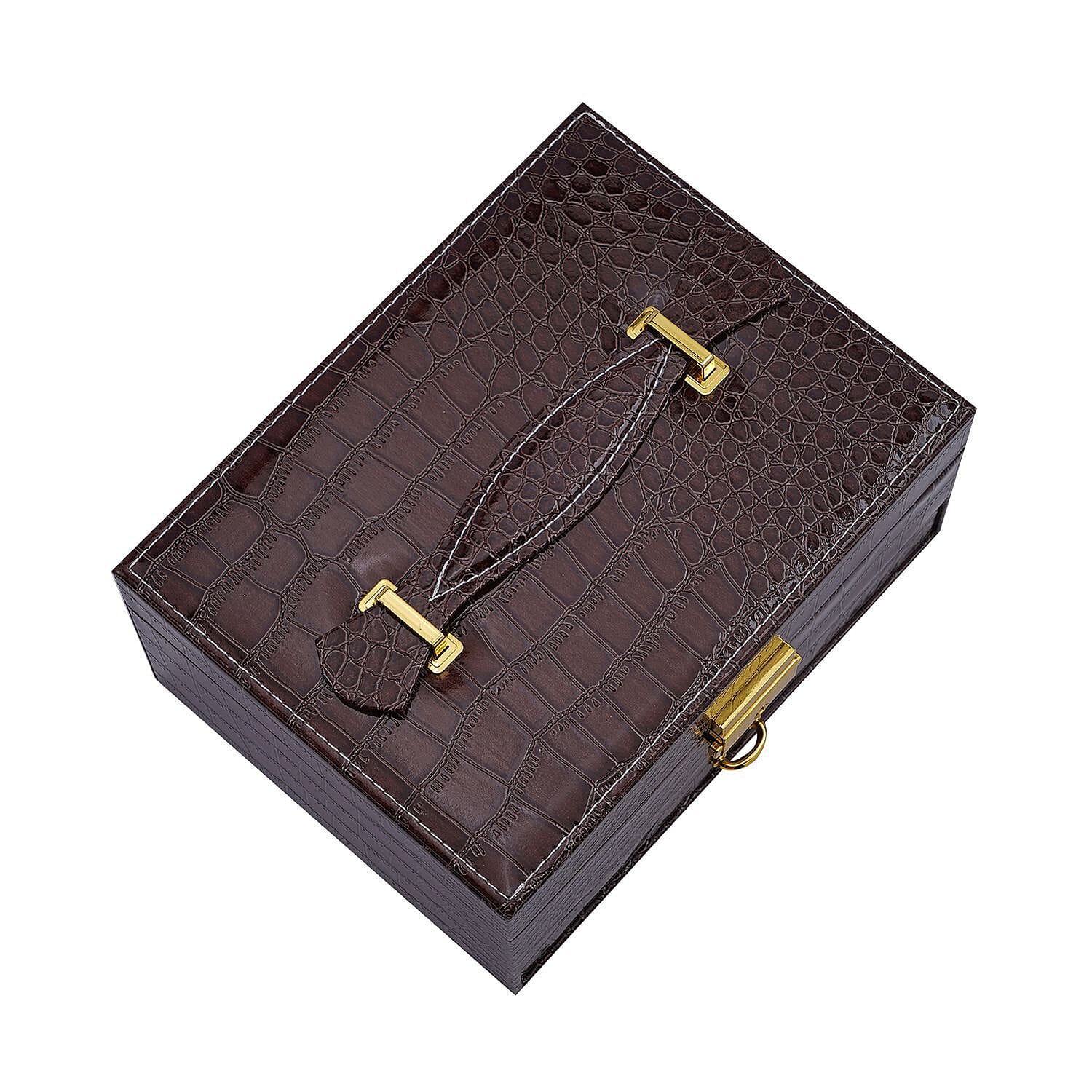 Double Layer Croc Embossed Jewellery Box with Lock (Size 20x15x10 Cm) - Coffee