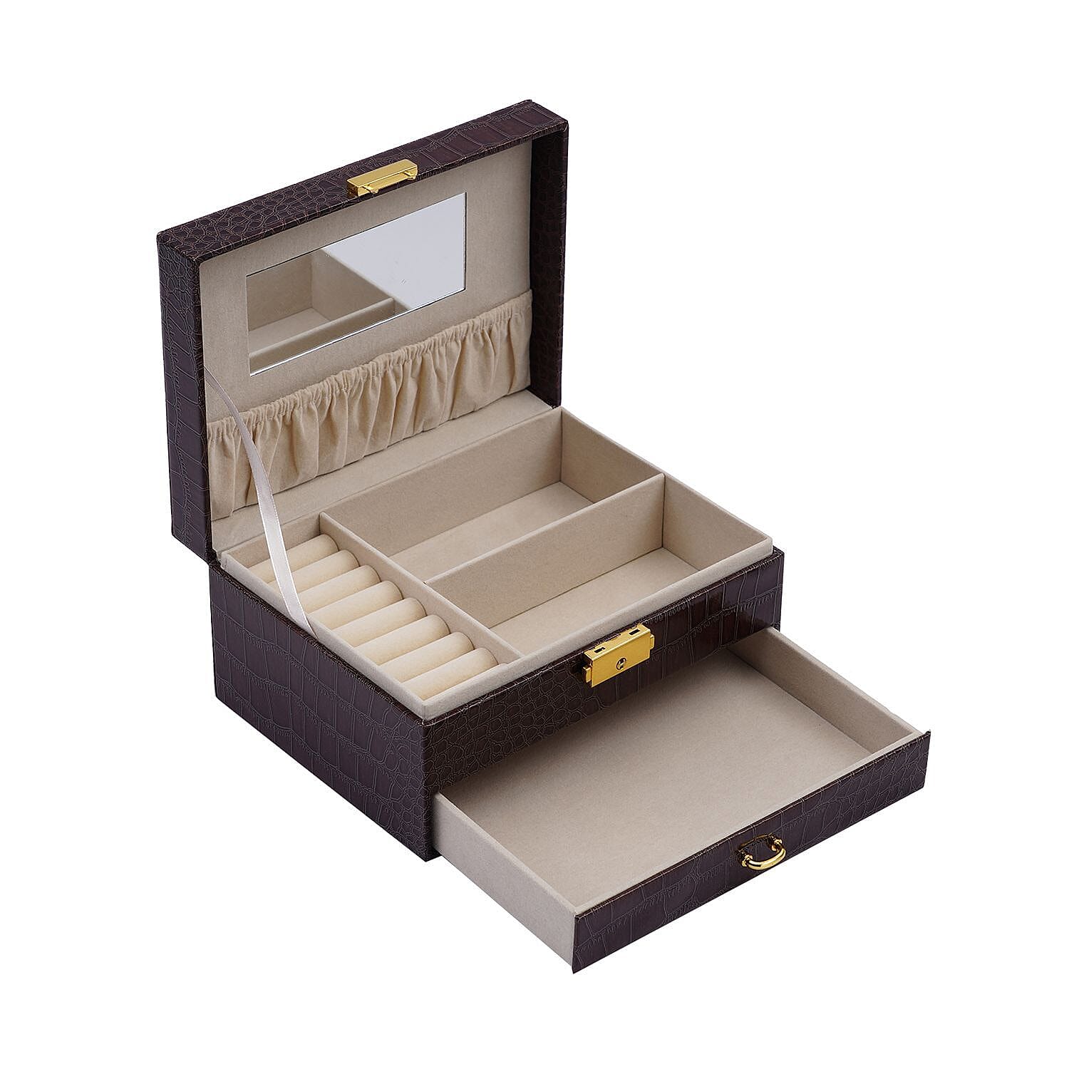 Double Layer Croc Embossed Jewellery Box with Lock (Size 20x15x10 Cm) - Coffee