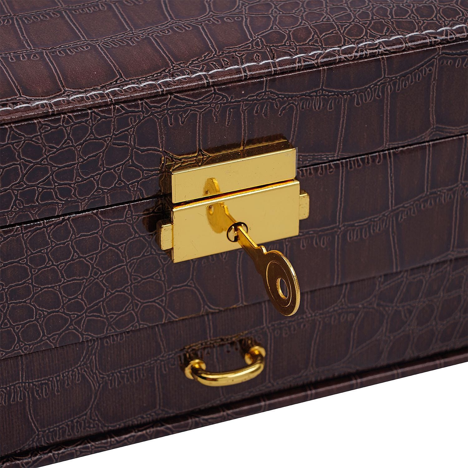 Double Layer Croc Embossed Jewellery Box with Lock (Size 20x15x10 Cm) - Coffee