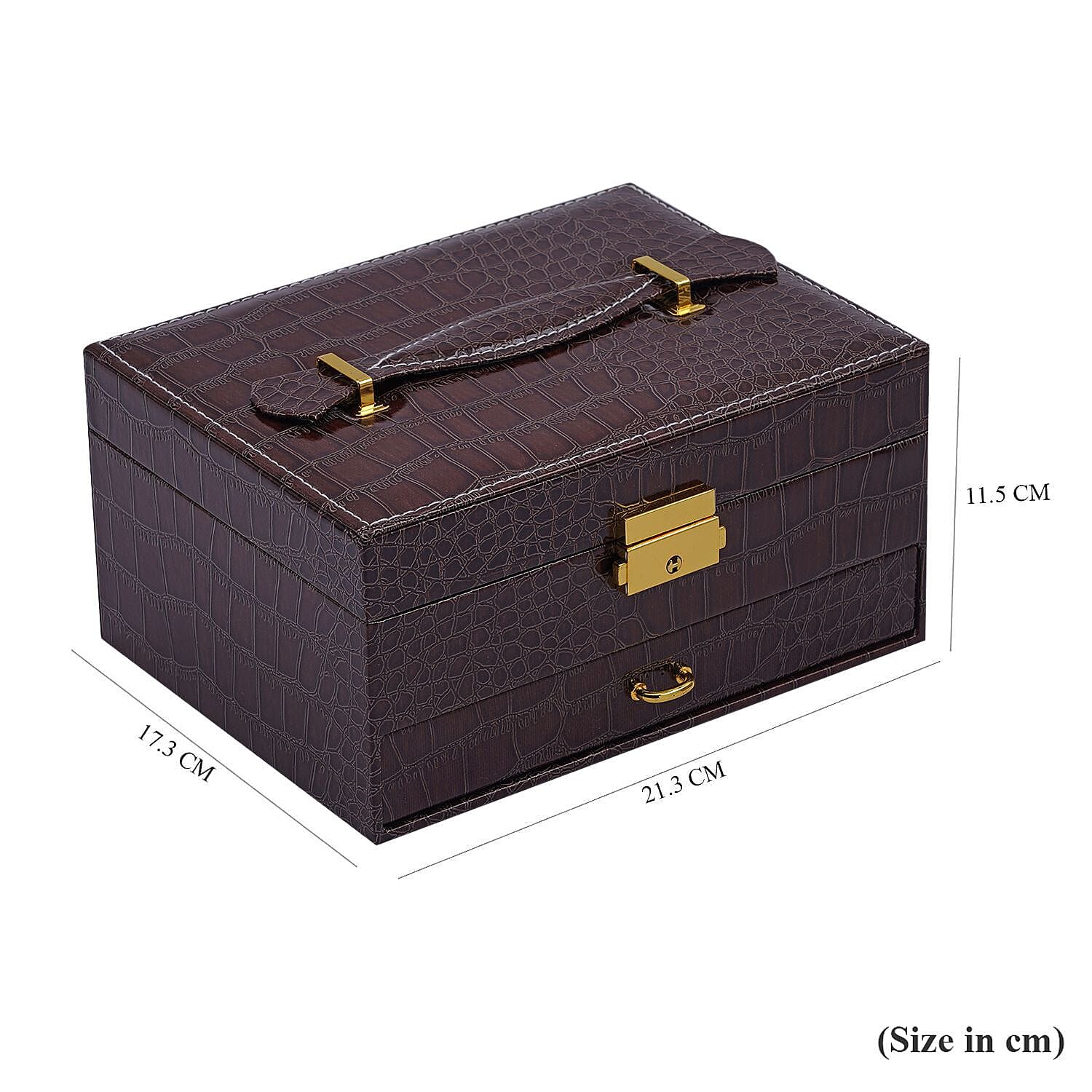 Double Layer Croc Embossed Jewellery Box with Lock (Size 20x15x10 Cm) - Coffee