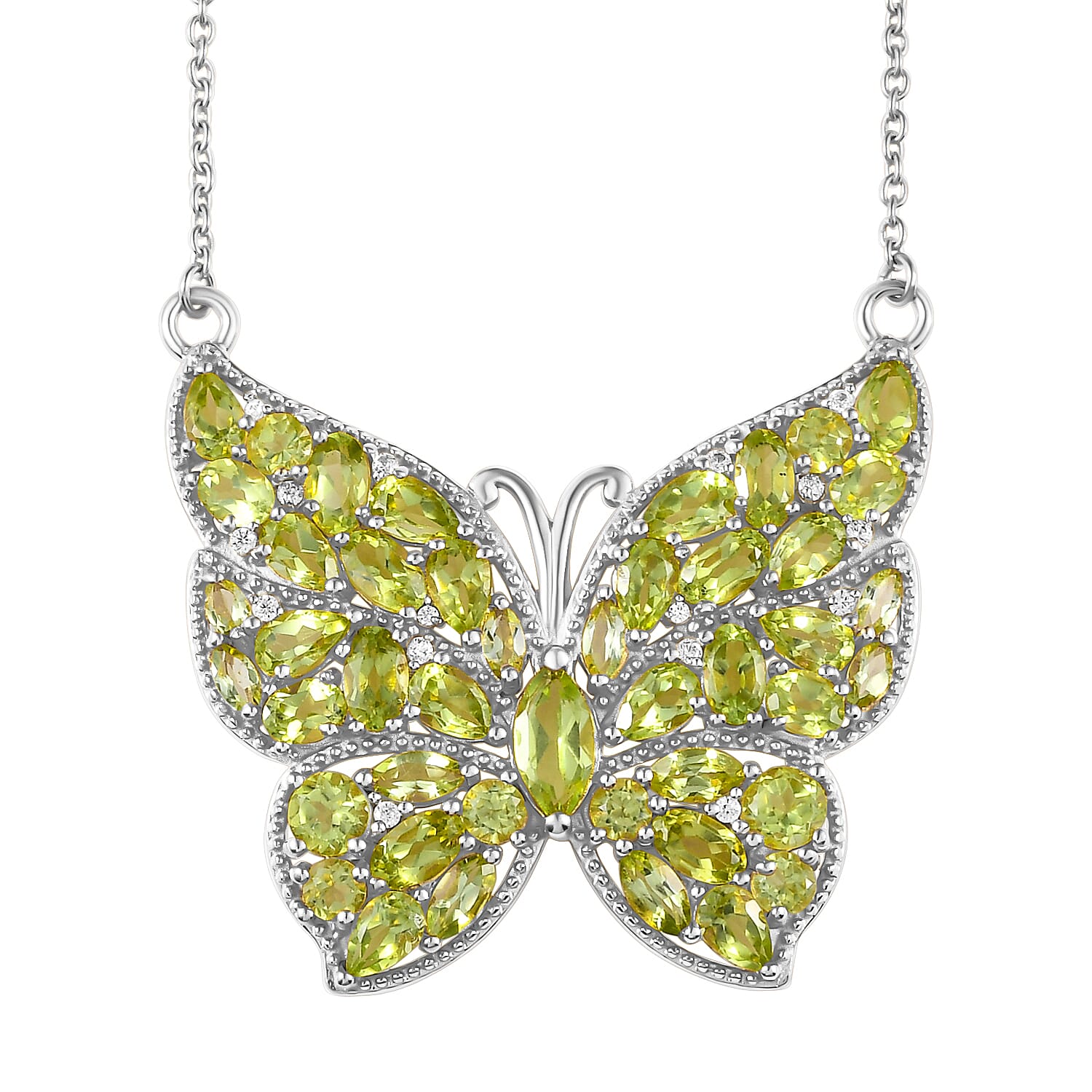 Natural Hebei Peridot and Natural Cambodian Zircon Butterfly Necklace (Size 18 with 2 Inch Extender) in Platinum Overlay Sterling Silver 9.51 Ct, Silver Wt. 9.42 Gms