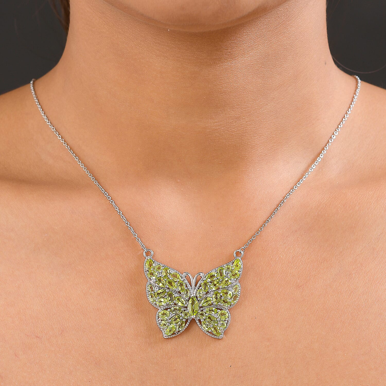Natural Hebei Peridot and Natural Cambodian Zircon Butterfly Necklace (Size 18 with 2 Inch Extender) in Platinum Overlay Sterling Silver 9.51 Ct, Silver Wt. 9.42 Gms