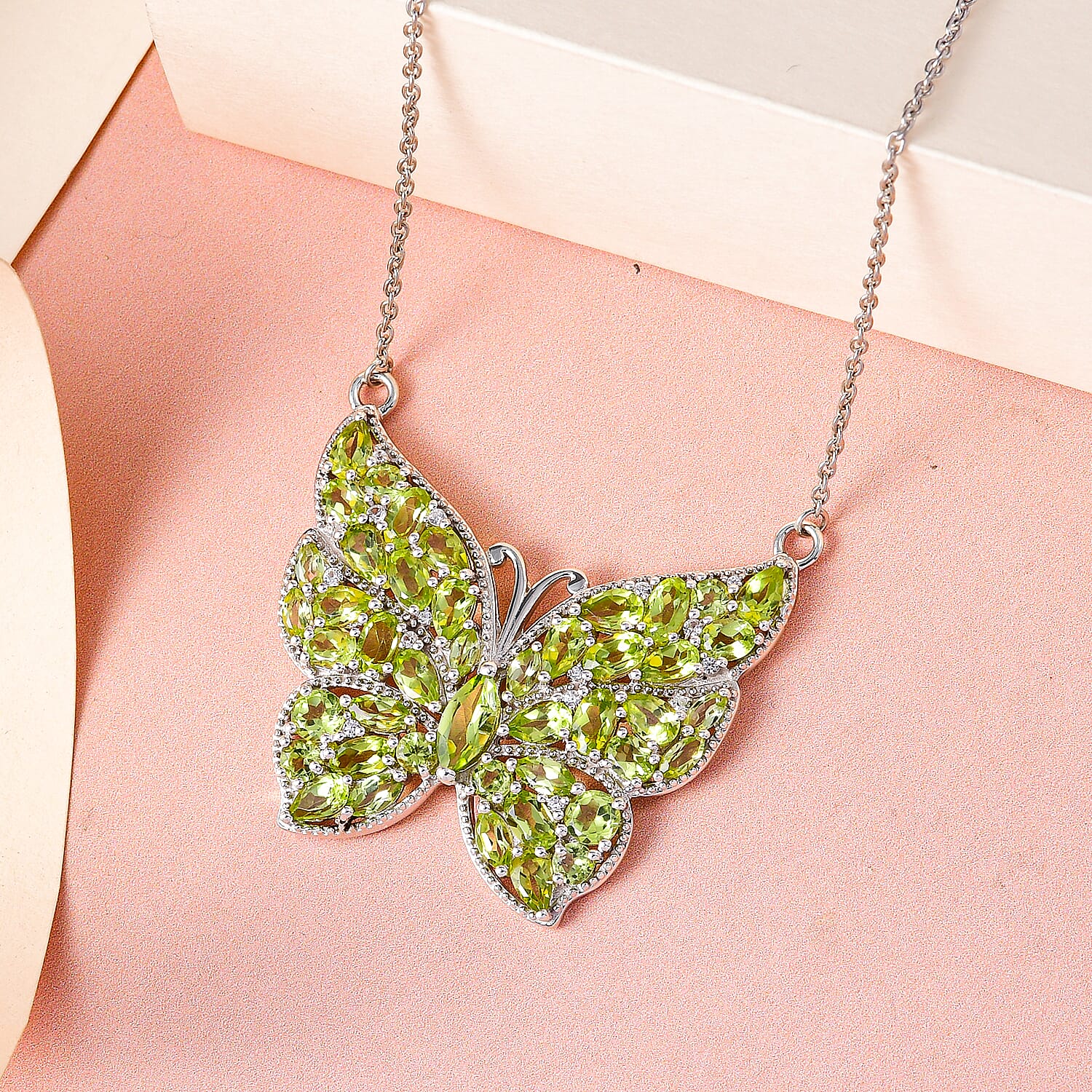 Natural Hebei Peridot and Natural Cambodian Zircon Butterfly Necklace (Size 18 with 2 Inch Extender) in Platinum Overlay Sterling Silver 9.51 Ct, Silver Wt. 9.42 Gms