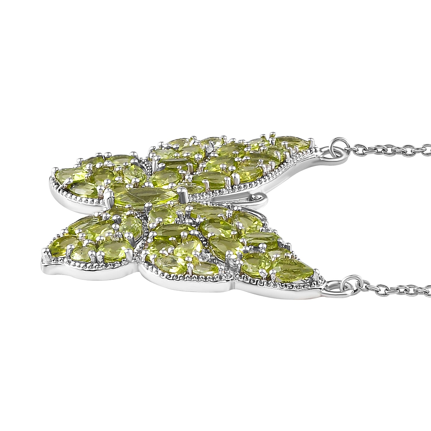 Natural Hebei Peridot and Natural Cambodian Zircon Butterfly Necklace (Size 18 with 2 Inch Extender) in Platinum Overlay Sterling Silver 9.51 Ct, Silver Wt. 9.42 Gms