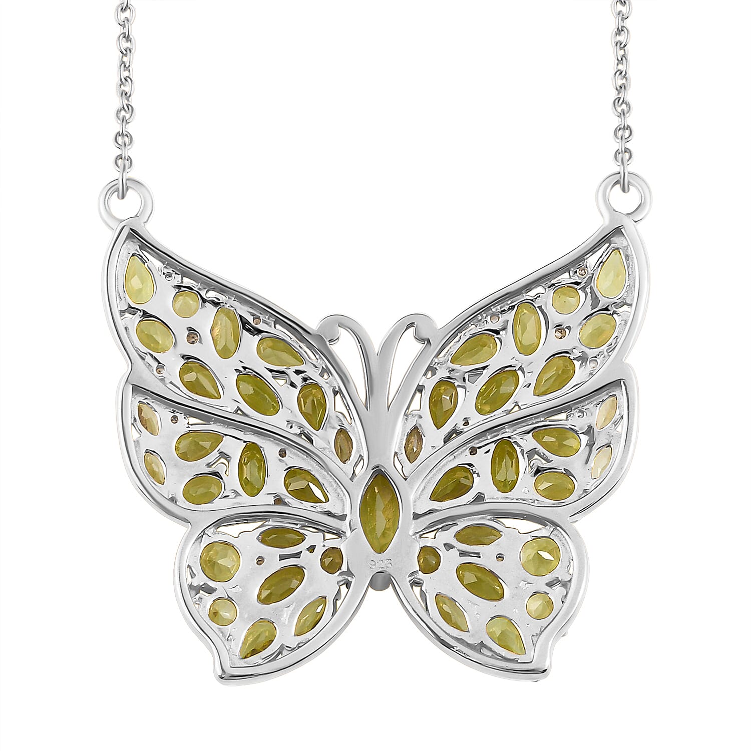 Natural Hebei Peridot and Natural Cambodian Zircon Butterfly Necklace (Size 18 with 2 Inch Extender) in Platinum Overlay Sterling Silver 9.51 Ct, Silver Wt. 9.42 Gms