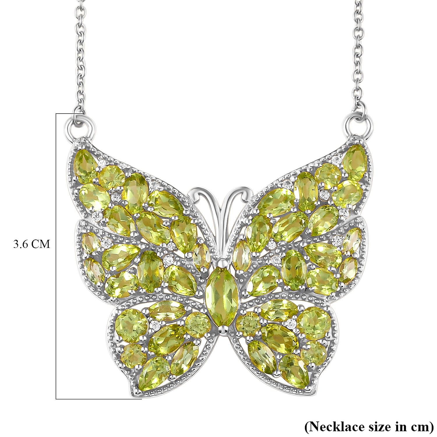 Natural Hebei Peridot and Natural Cambodian Zircon Butterfly Necklace (Size 18 with 2 Inch Extender) in Platinum Overlay Sterling Silver 9.51 Ct, Silver Wt. 9.42 Gms