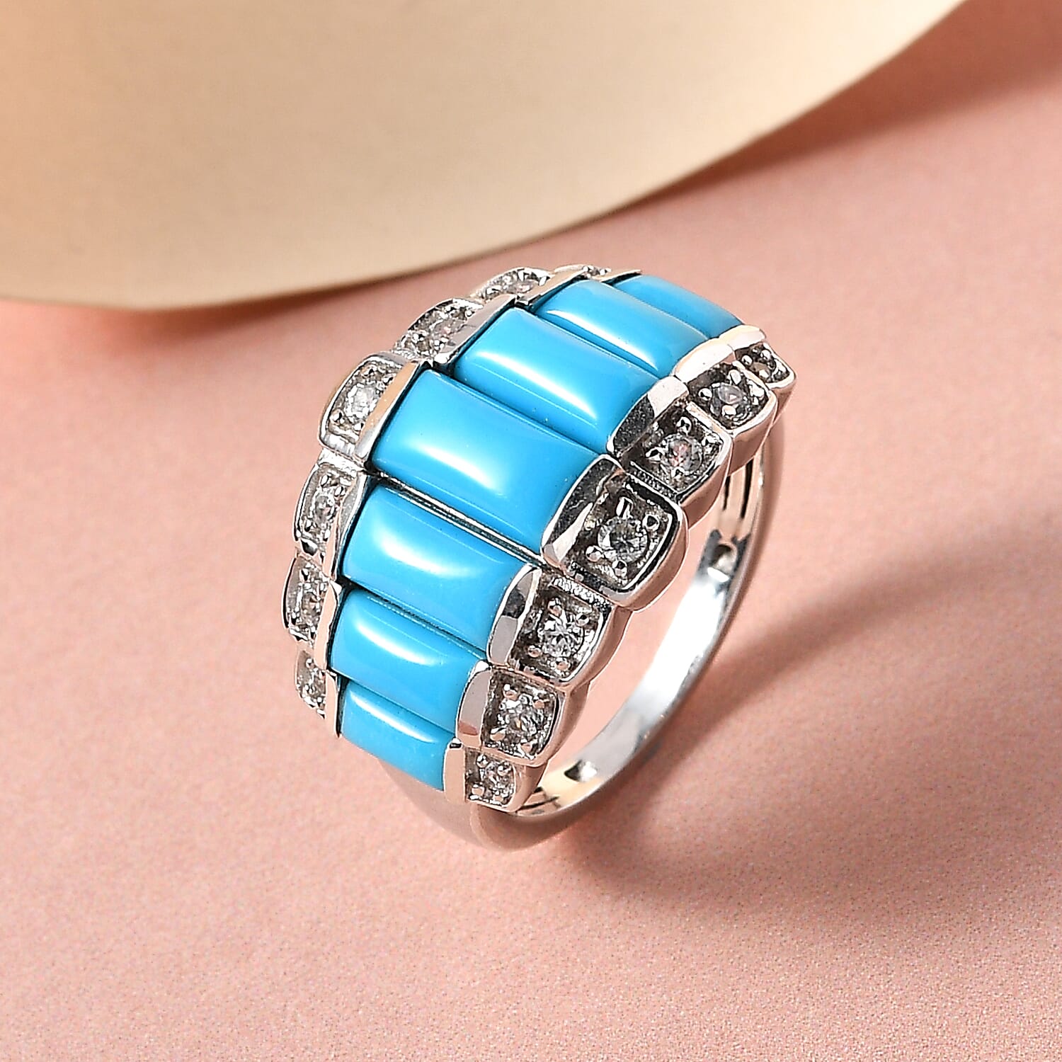 Arizona Sleeping Beauty Turquoise and Natural Zircon Ring in Platinum Overlay Sterling Silver 2.83 Ct.