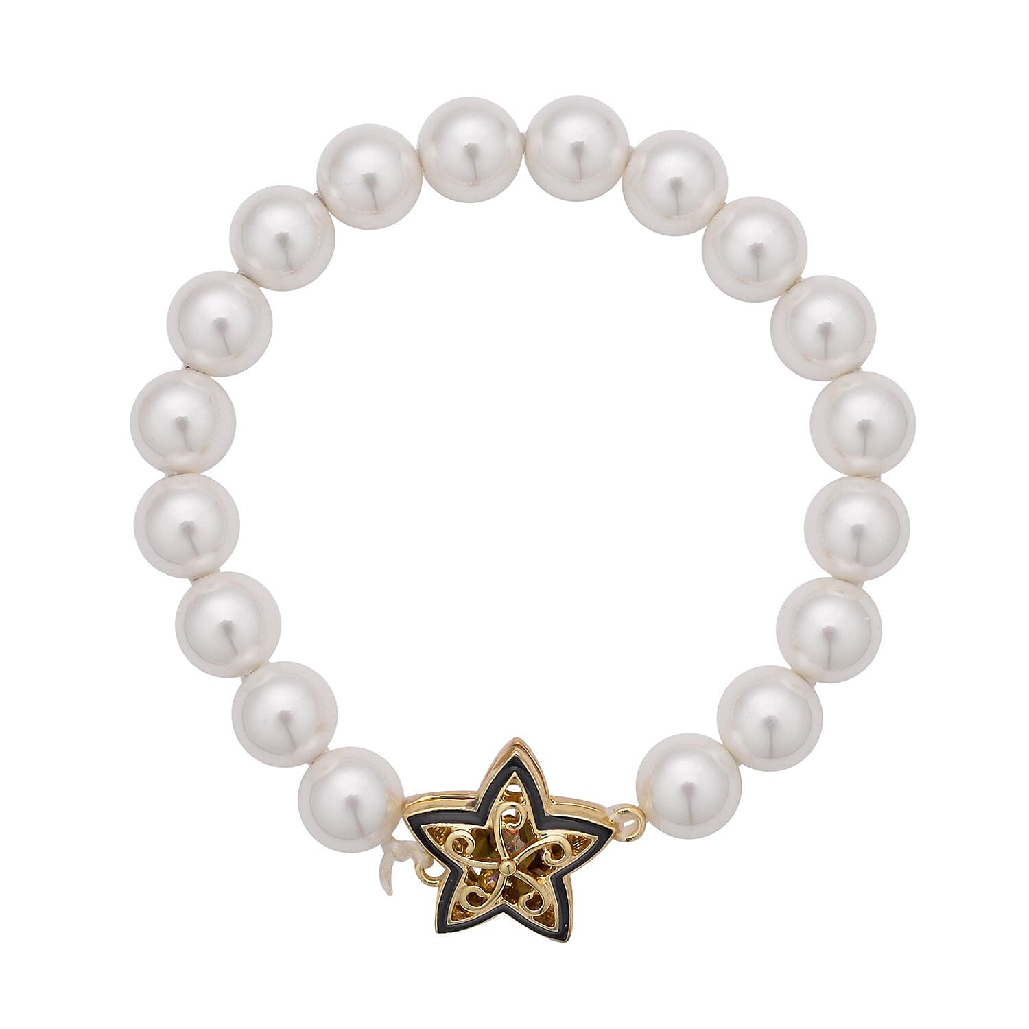 Simulated AB White Crystal and White Shell Pearl Bracelet (Size - 7) Strechable in Yellow Gold Tone With Enamelling