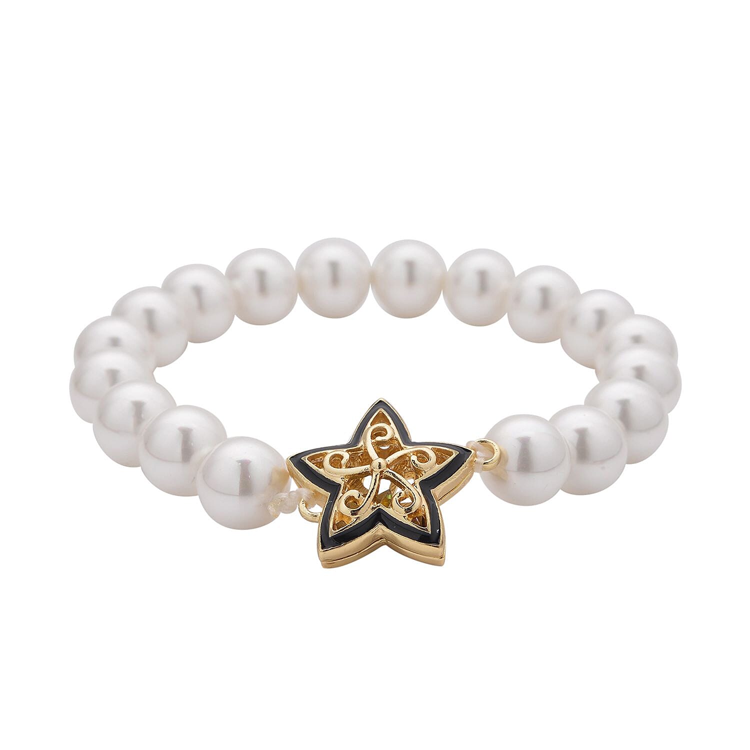 Simulated AB White Crystal and White Shell Pearl Bracelet (Size - 7) Strechable in Yellow Gold Tone With Enamelling
