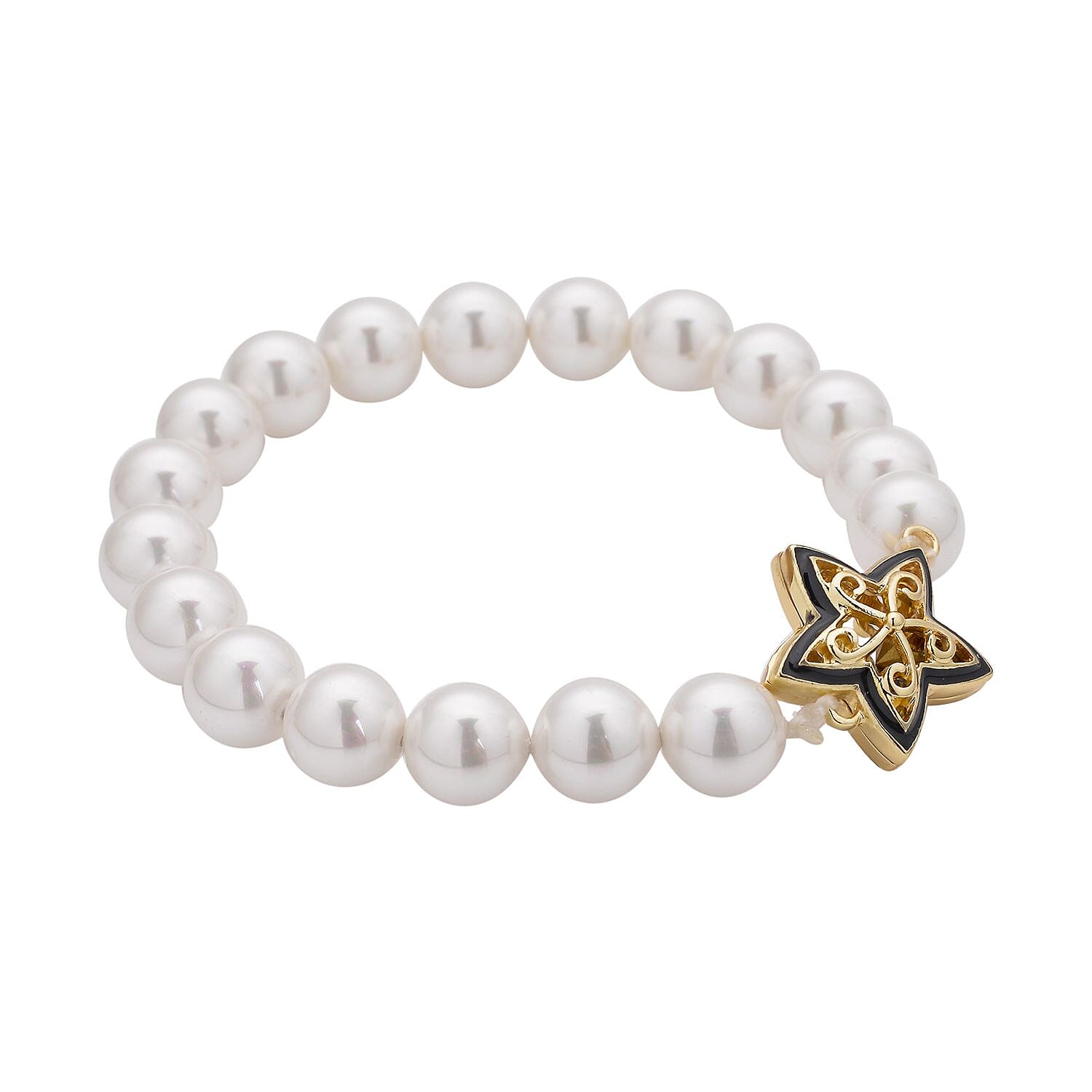 Simulated AB White Crystal and White Shell Pearl Bracelet (Size - 7) Strechable in Yellow Gold Tone With Enamelling