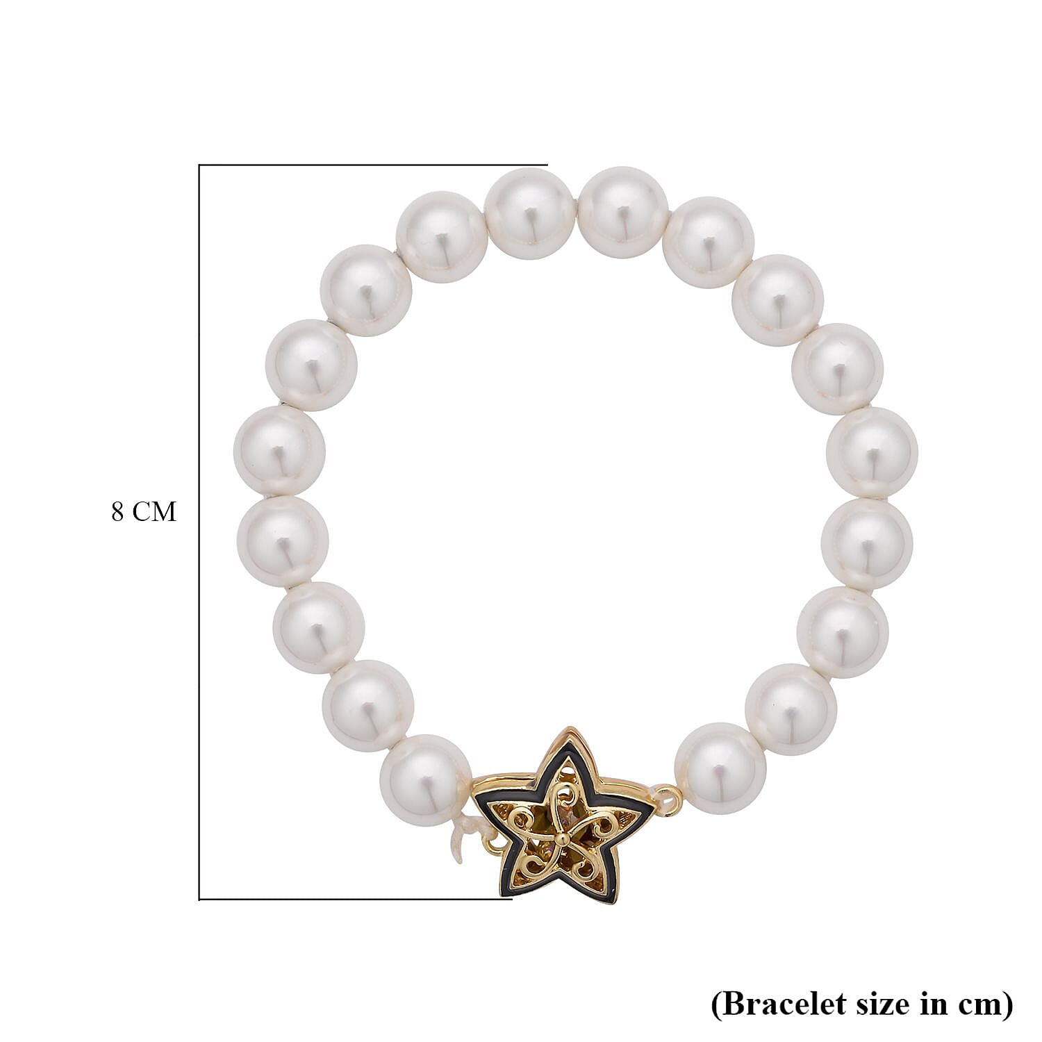 Simulated AB White Crystal and White Shell Pearl Bracelet (Size - 7) Strechable in Yellow Gold Tone With Enamelling