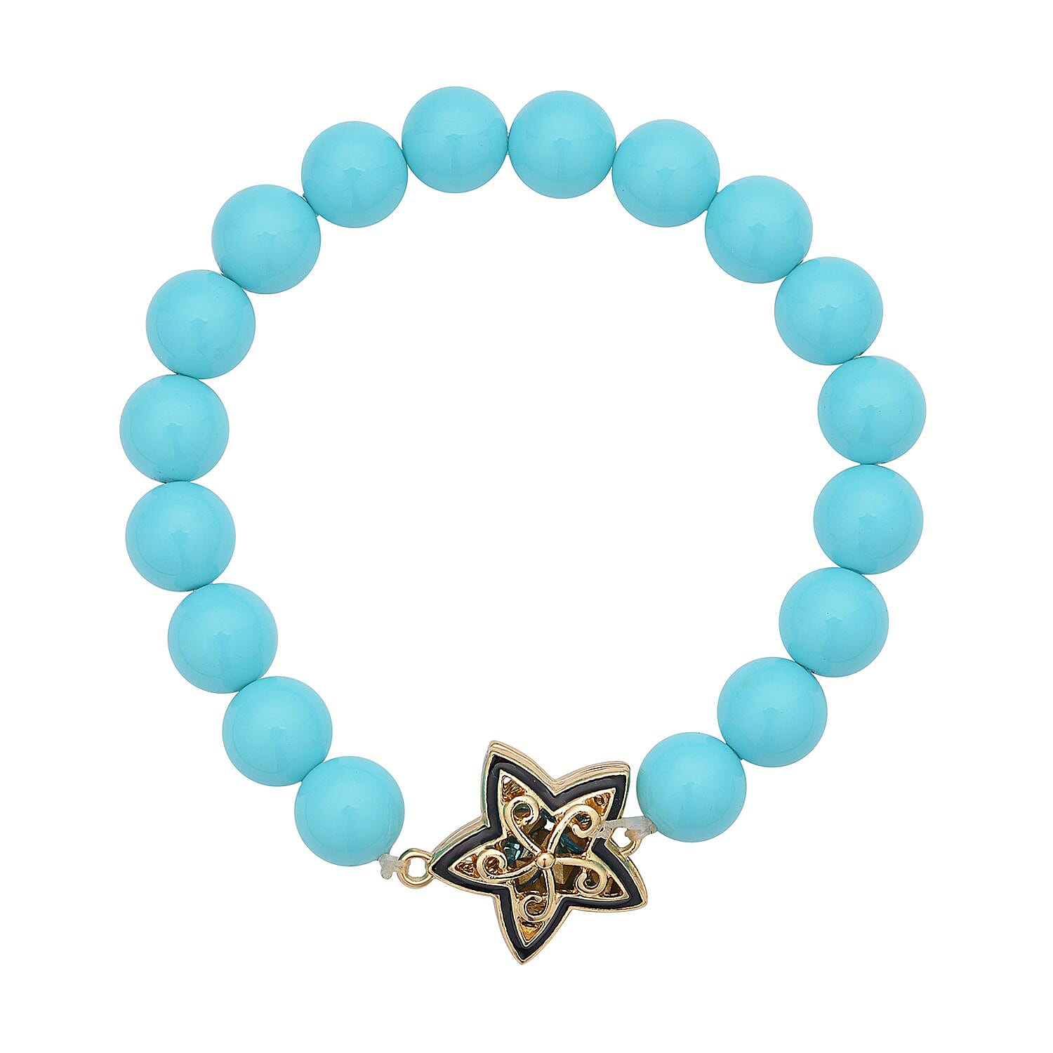 Blue Colour Austrian Crystal and Sleeping Beauty Colour Shell Pearl Bracelet (Size - 7) Stretchable in Yellow Gold Tone With Enamelling