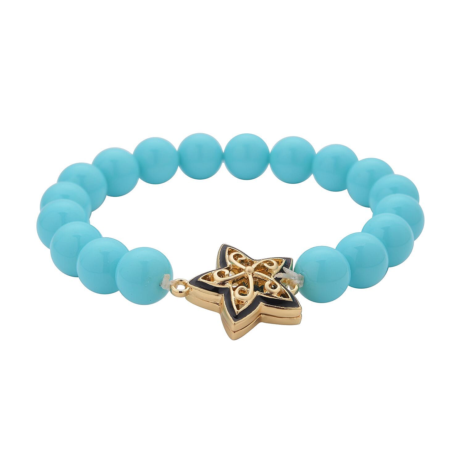 Blue Colour Austrian Crystal and Sleeping Beauty Colour Shell Pearl Bracelet (Size - 7) Stretchable in Yellow Gold Tone With Enamelling