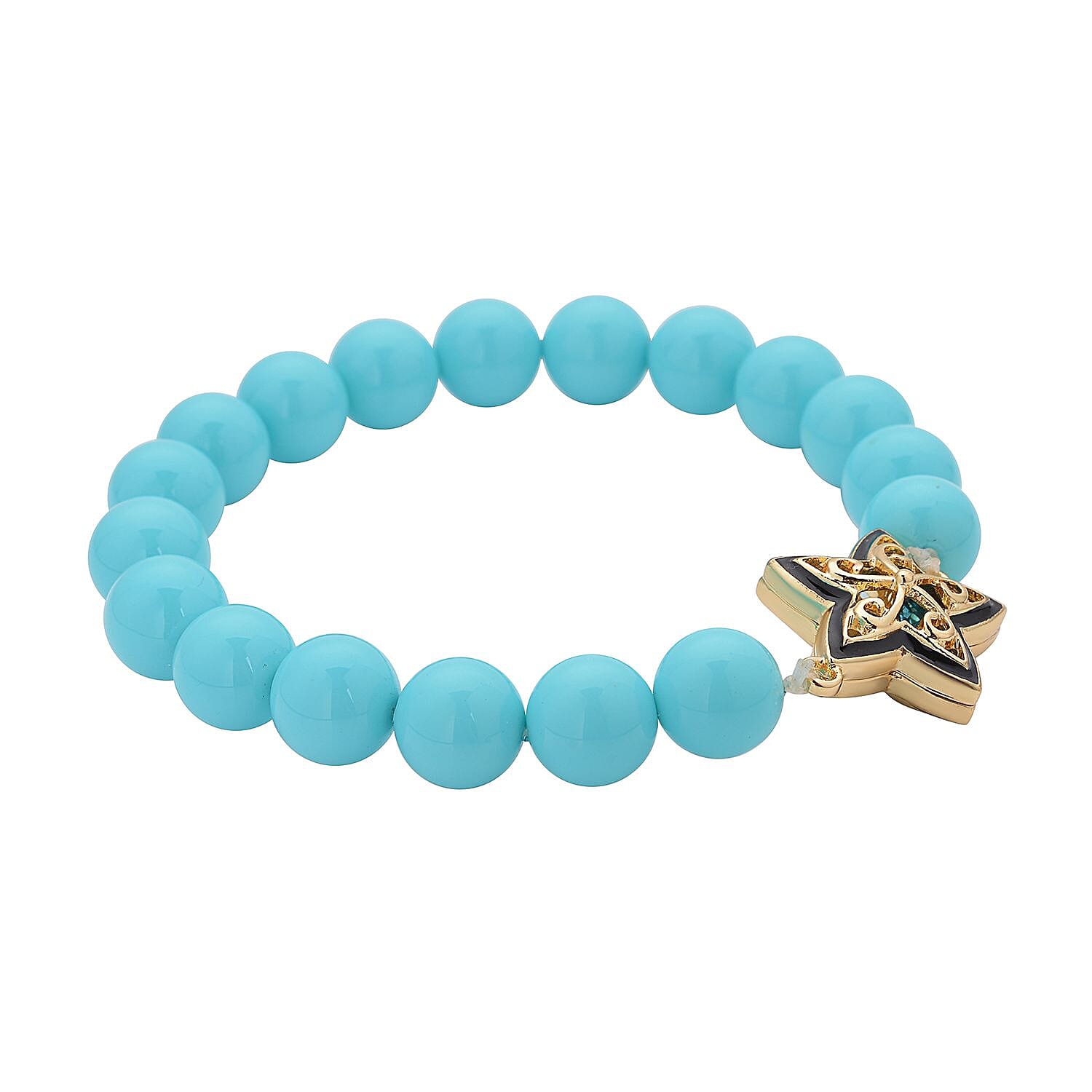 Blue Colour Austrian Crystal and Sleeping Beauty Colour Shell Pearl Bracelet (Size - 7) Stretchable in Yellow Gold Tone With Enamelling