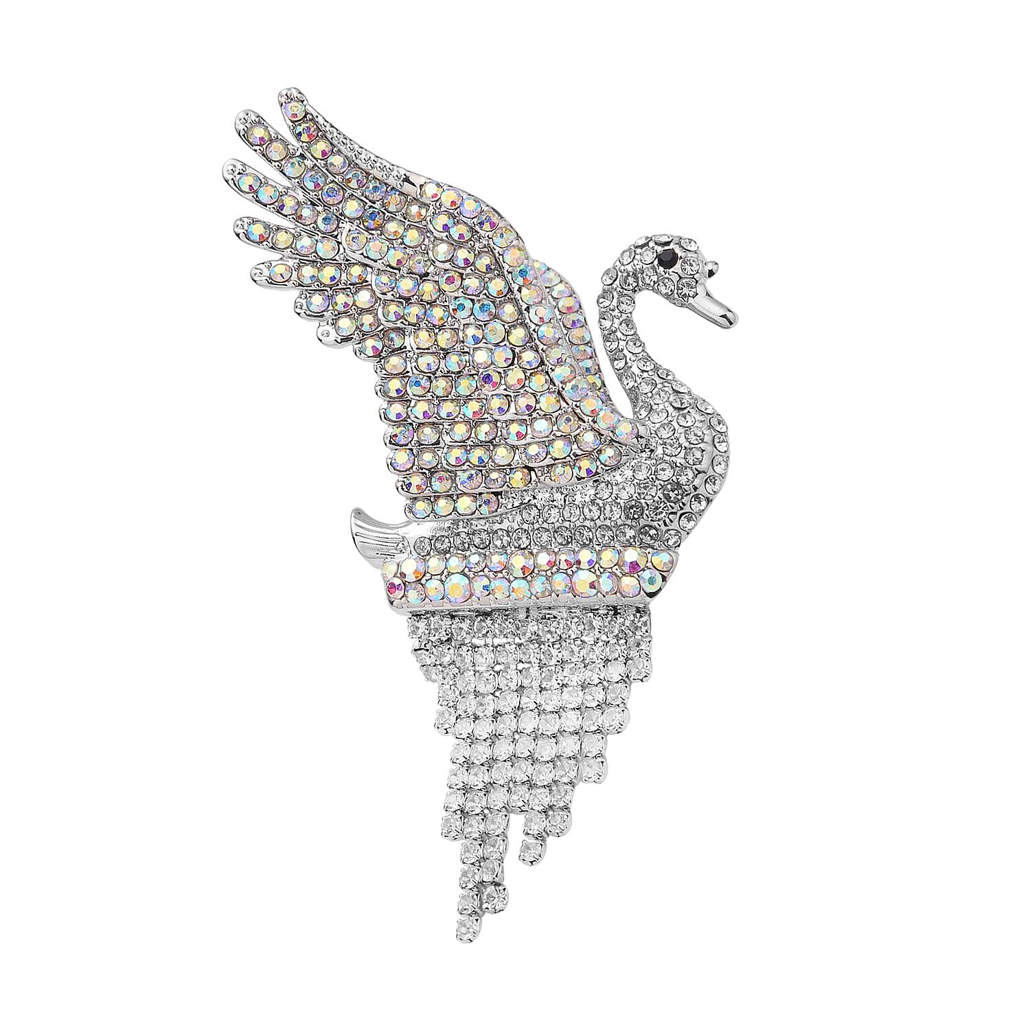 Doorbuster - Black Austrian Crystal and Simulated White AB Crystal Swan Brooch or Pendant in Silver Tone.