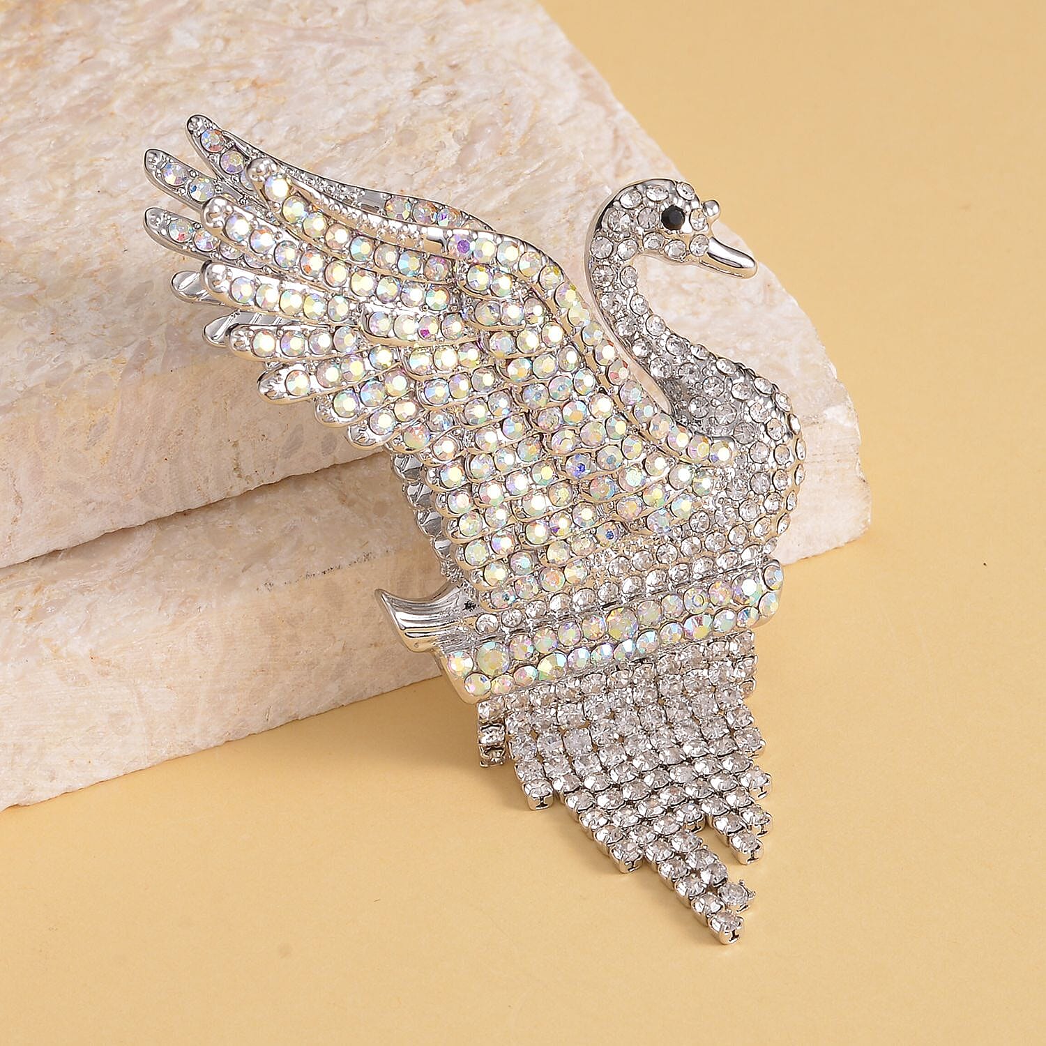 Doorbuster - Black Austrian Crystal and Simulated White AB Crystal Swan Brooch or Pendant in Silver Tone.