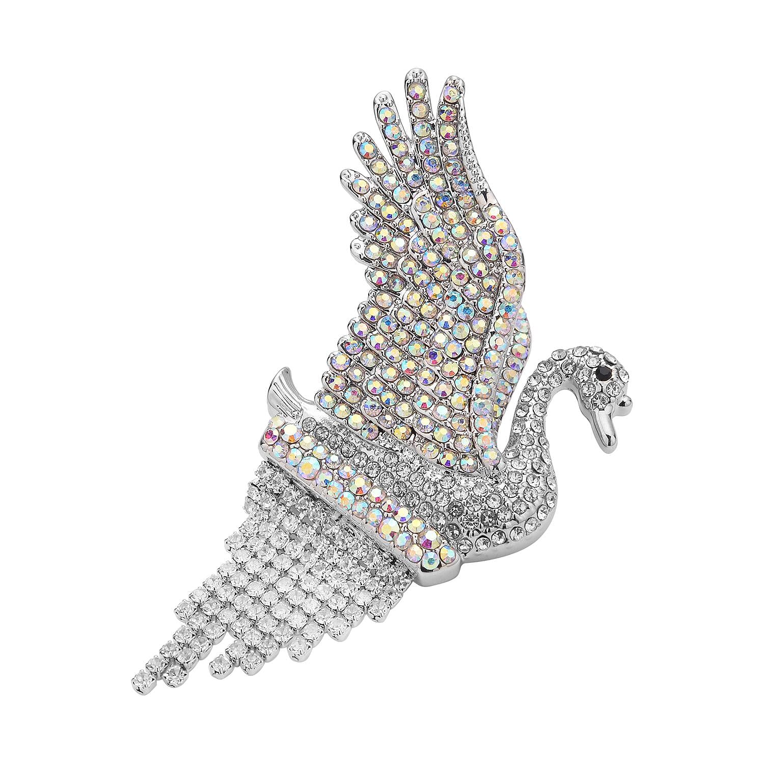 Doorbuster - Black Austrian Crystal and Simulated White AB Crystal Swan Brooch or Pendant in Silver Tone.