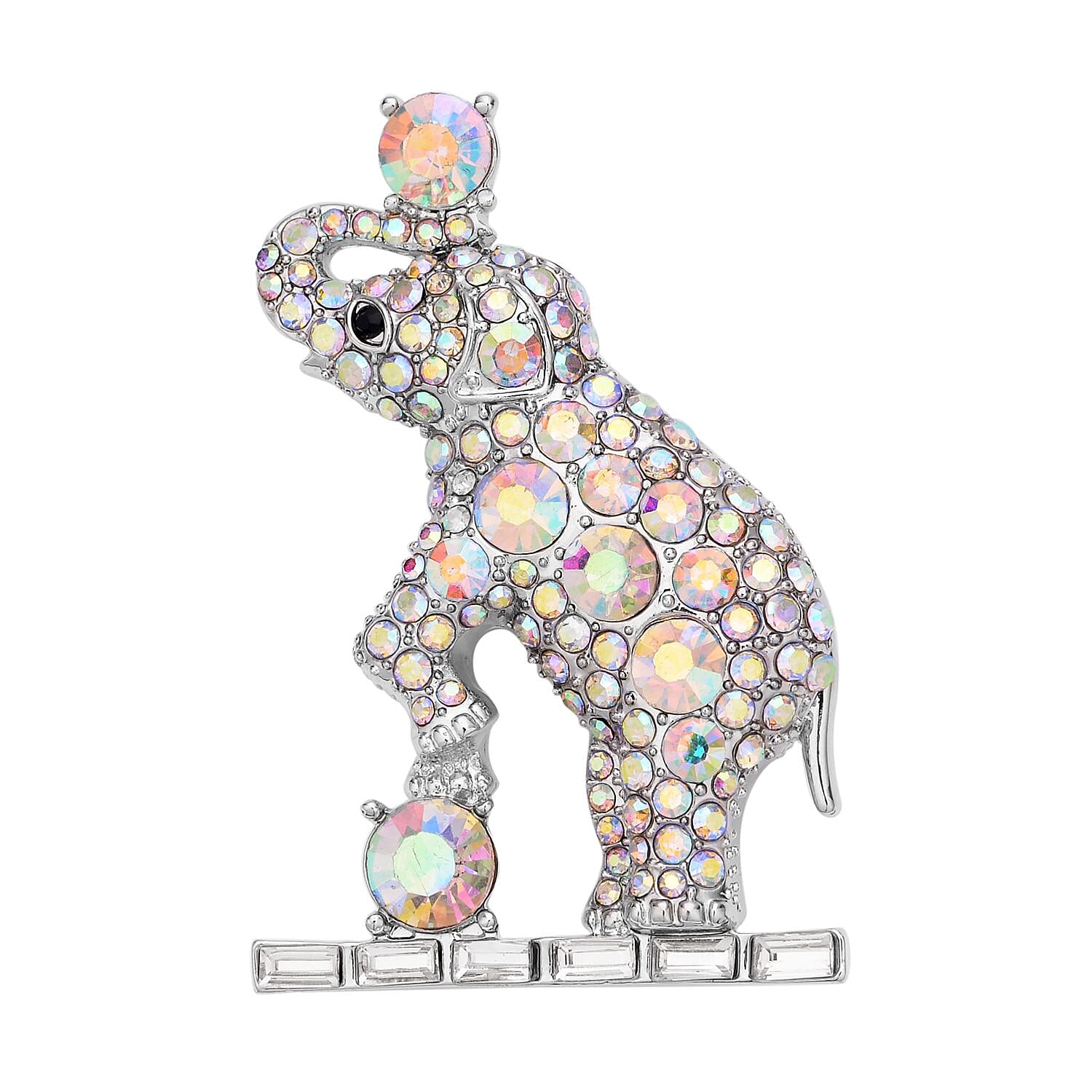 Doorbuster - Black Austrian Crystal, Simulated AB White Crystal and Simulated Diamond Elephant Brooch or Pendant in Silver Tone.