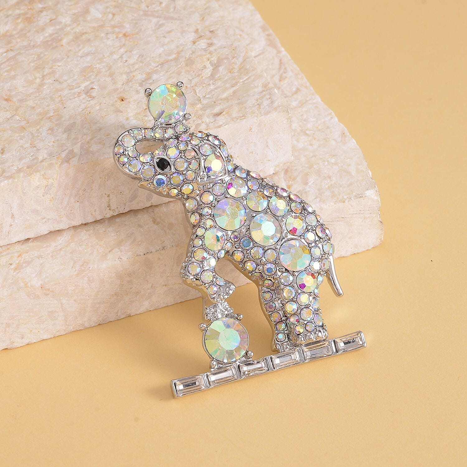 Doorbuster - Black Austrian Crystal, Simulated AB White Crystal and Simulated Diamond Elephant Brooch or Pendant in Silver Tone.