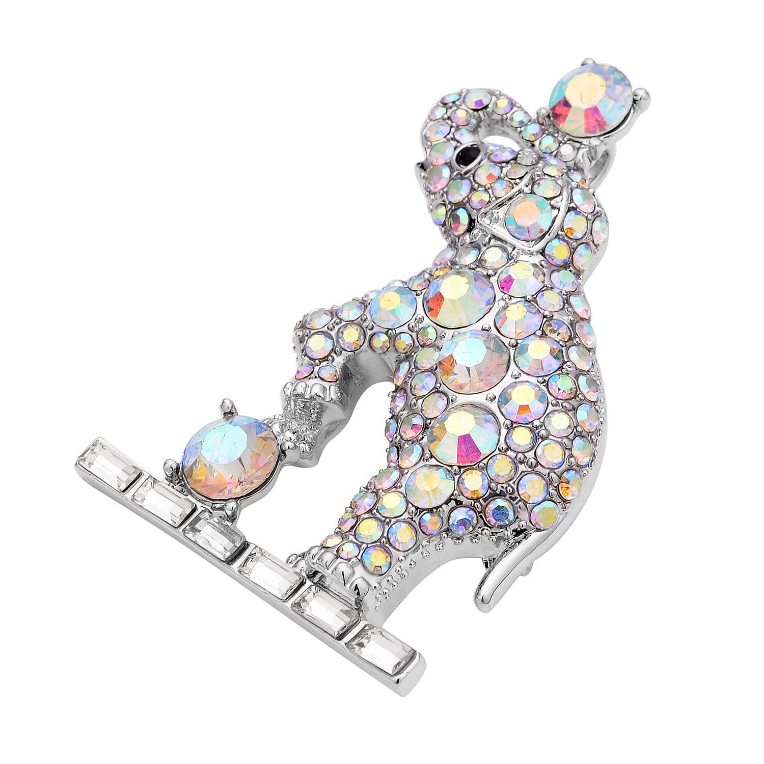 Doorbuster - Black Austrian Crystal, Simulated AB White Crystal and Simulated Diamond Elephant Brooch or Pendant in Silver Tone.