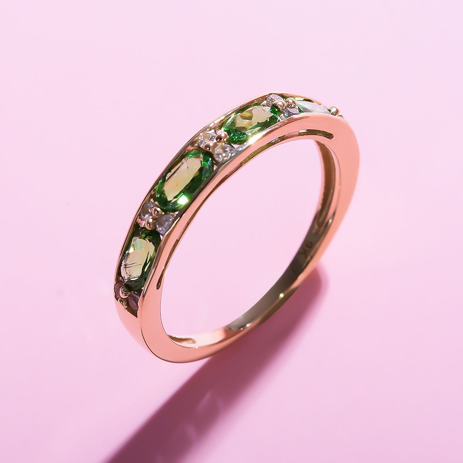 9K Yellow Gold Tsavorite Garnet & Natural Zircon Half -Eternity Band Ring 1.20 Ct.