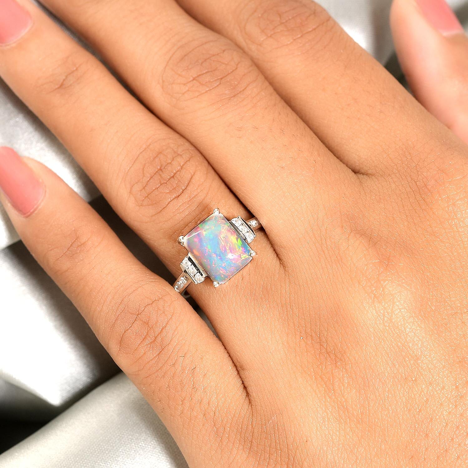 Ethiopian Welo Opal and Natural Zircon Ring in Platinum Overlay Sterling Silver 2.47 Ct.