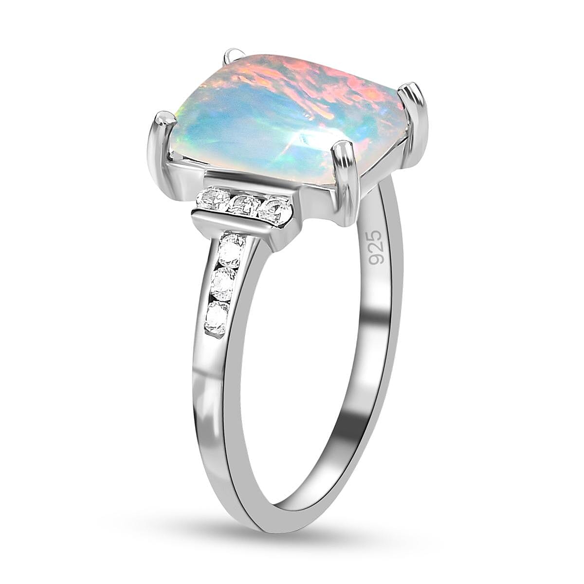 Ethiopian Welo Opal and Natural Zircon Ring in Platinum Overlay Sterling Silver 2.47 Ct.