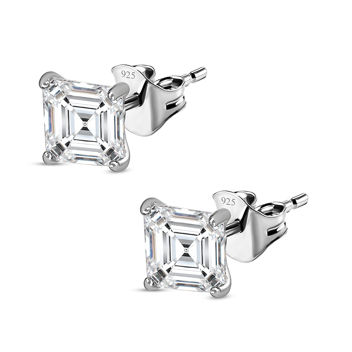 Moissanite (Asscher Cut) Stud Earrings (With Push Back) in Platinum Overlay Sterling Silver 2.25 Ct.